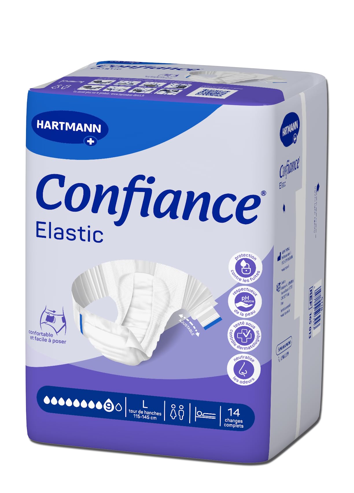 Confiance Cambios elásticos completos para hombres y mujeres - Nivel de absorción = 9 gotas (gran fuga urinaria) - pH neutro para la piel - Material suave - Talla L - 14 unidades