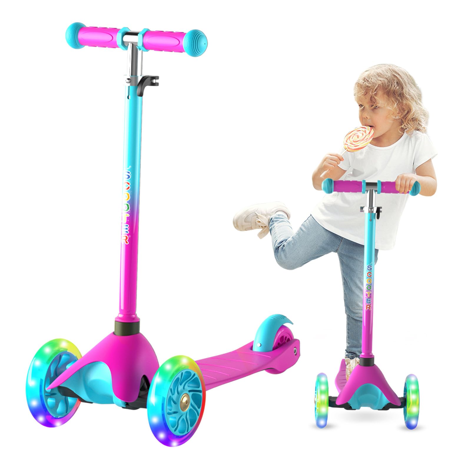 FAYDUDU 3 Wheel Scooter Kids Scooter Age 2-5 Kick Scooter for Toddlers Girls Boys, Light up Wheels, Adjustable Height, Lean to Steer, Non-Slip Deck, Lightweight Push Scooter for Children