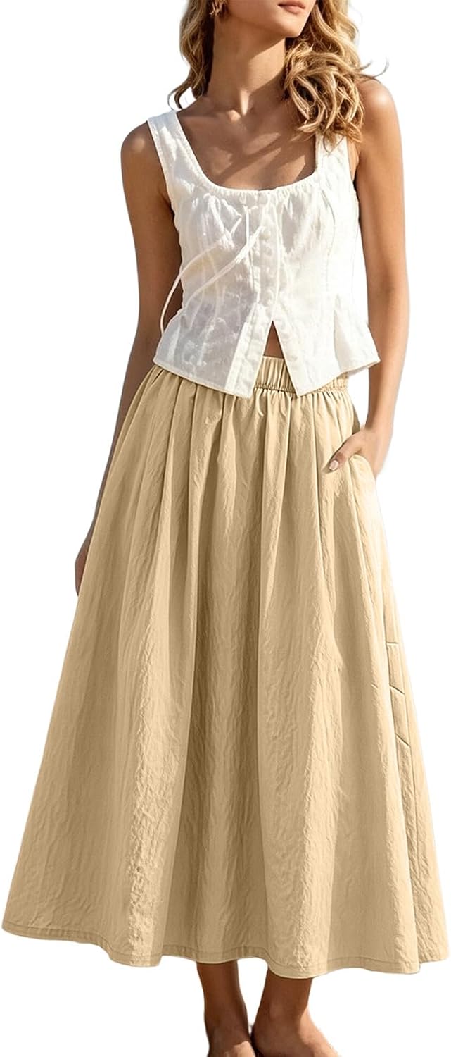 Women's A-Line Midi Skirts Casual Elastic High Waist Flowy Solid Skirt with Pockets Travel Summer Spring Outfits