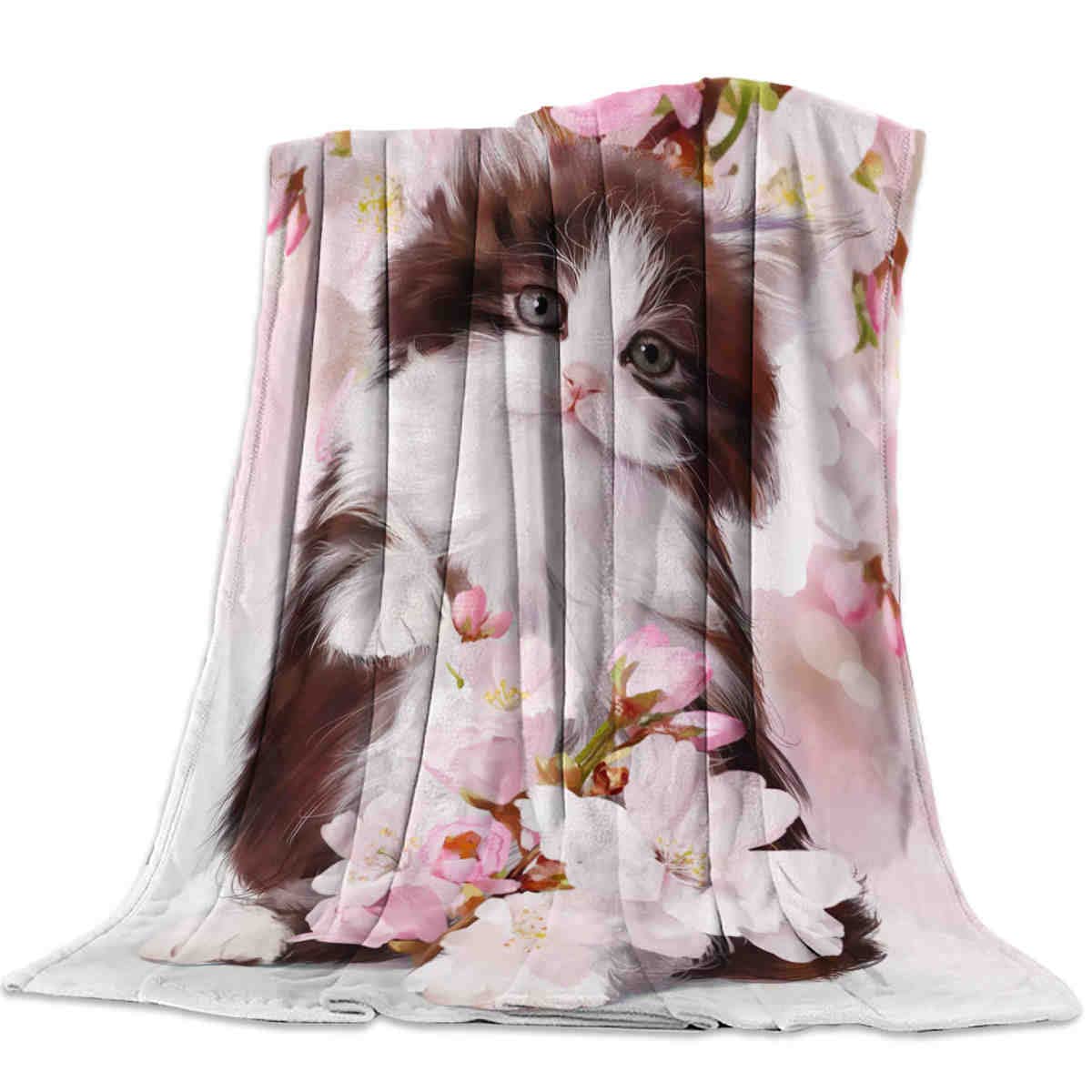 Flanel Gooi Bed Deken Lichtgewicht Super Zachte Gezellige Kat Leuke Roze Anjer Bloemen Queen Size Deken Cadeau voor Volwassenen Kids