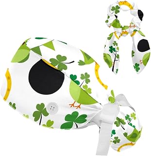 FVQL 2 Pieces Surgical Cap for Long Hair Scrub Cap with Hairband Nurse Cap, St. Patrick's Day Cartoon Bird