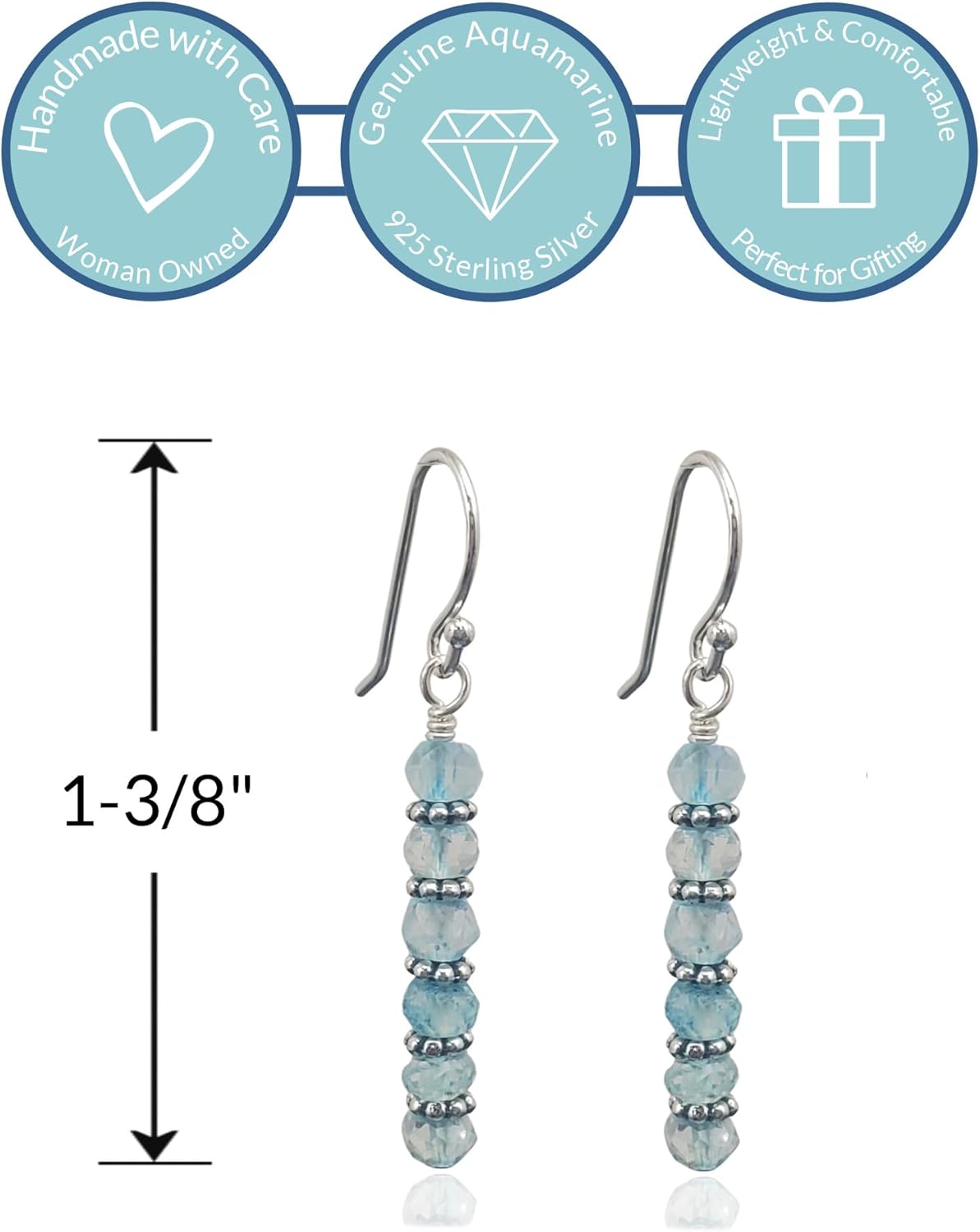 Sterling Silver Aquamarine Beaded Bar Drop Earrings, Handmade Gemstone Dangle Jewelry, March Birthstone - Image 2
