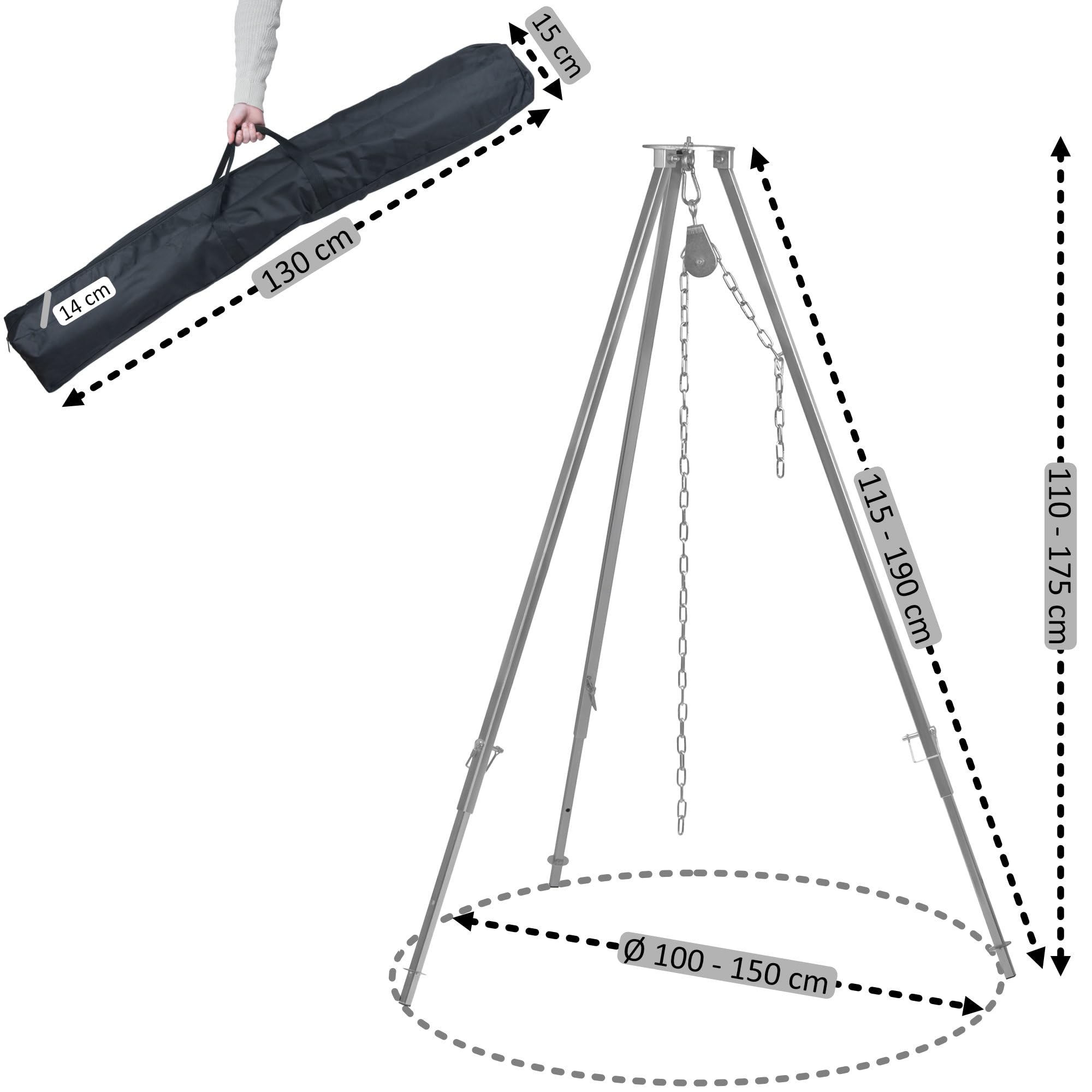 BBQ-Toro Griglia a tre zampe con diametro di 50 cm | 112-178 cm | Treppiede per barbecue girevole | Struttura in ferro a tre zampe | Supporto per barbecue con griglia | Barbecue sospeso, griglia a tre