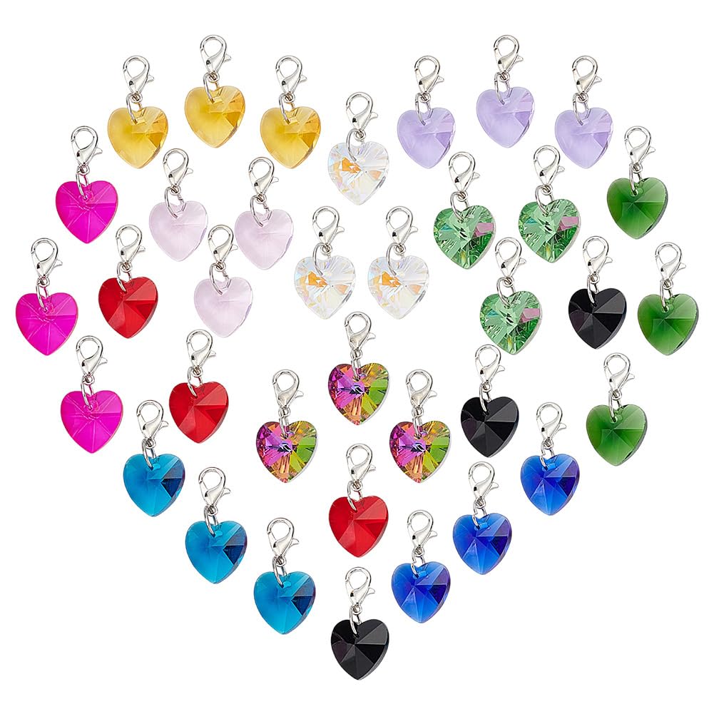 HOBBIESAY 12 Colors 48Pcs Colourful Heart Glass Dangle Charms 15mm Crystal Faceted Heart Pendants with Lobster Clasps Love Shape Charms for Valentine's Day Earring Necklace Keychain Jewelry Making