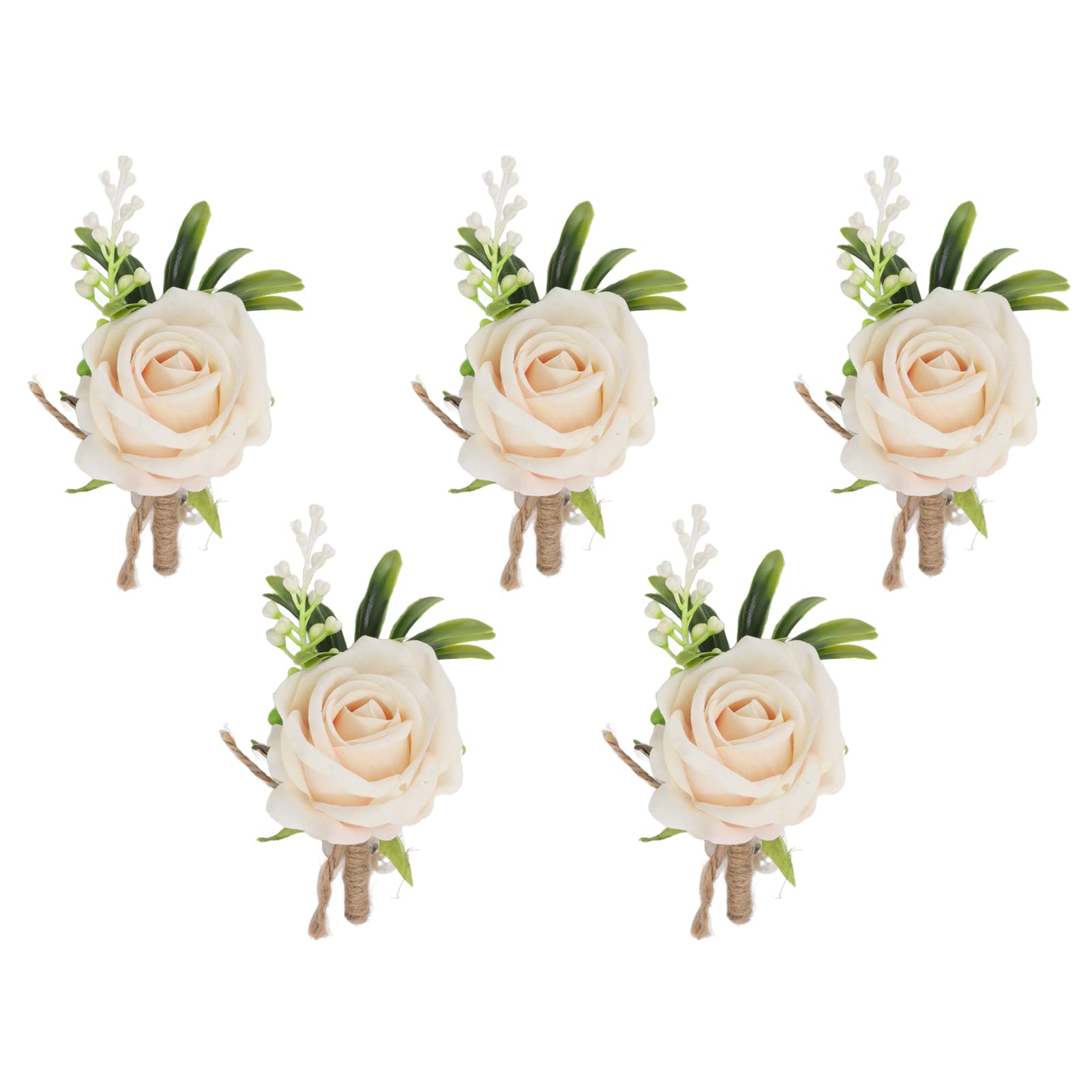 RAZURE 5Pcs Ivory White Rose Wedding Corsages for Men, Men's Boutonniere Set Groom Groomsmen Boutonniere for Wedding Prom Formal Dinner Party(Champagne)