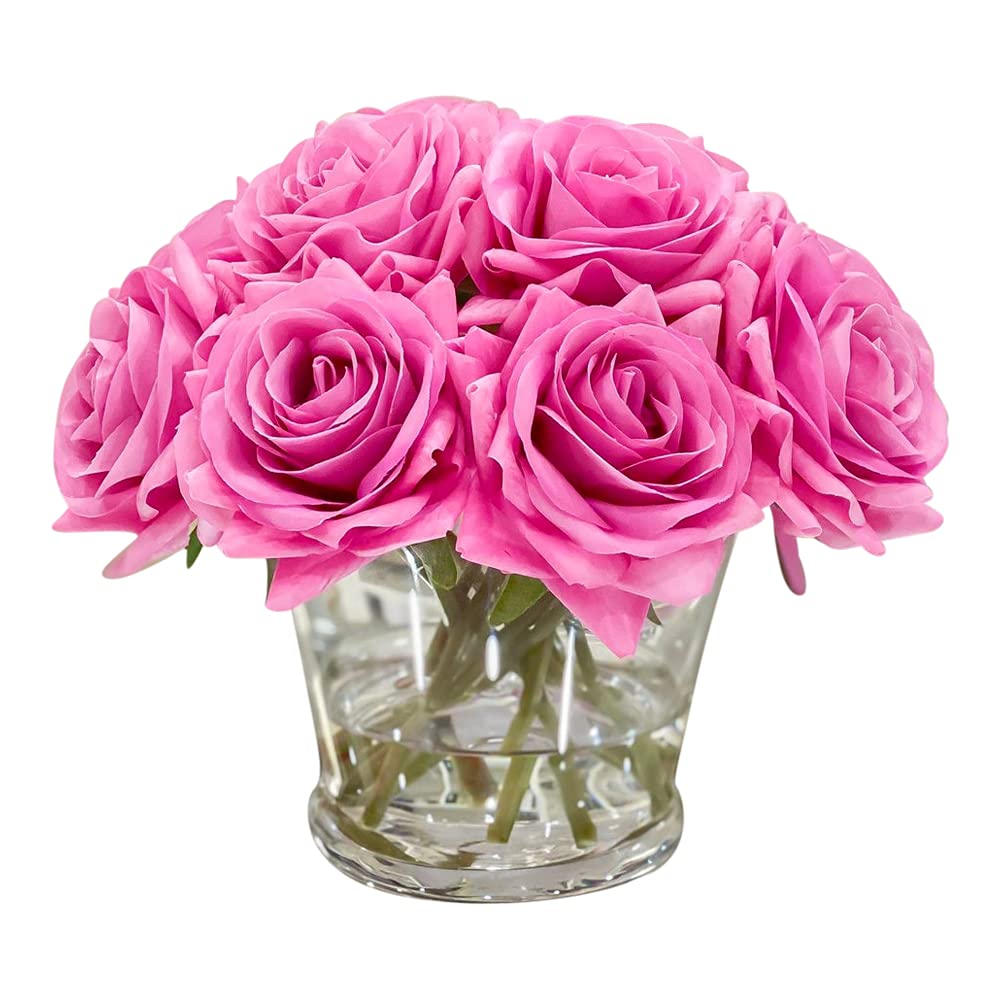 Real Touch Rose Arrangement Artificial Home Decor Flower in Round Glass Vase (Purple)