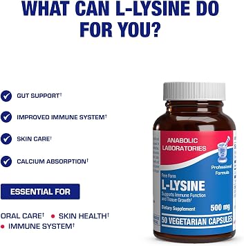L Lysine 500 mg Capsules for Adults - Clinical Formula L-lysine Supplement for Gut Skin and Lip Health Plus Immune Support - Vegetarian Non-GMO & Made in The USA in cGMP Facilities - 50 Servings