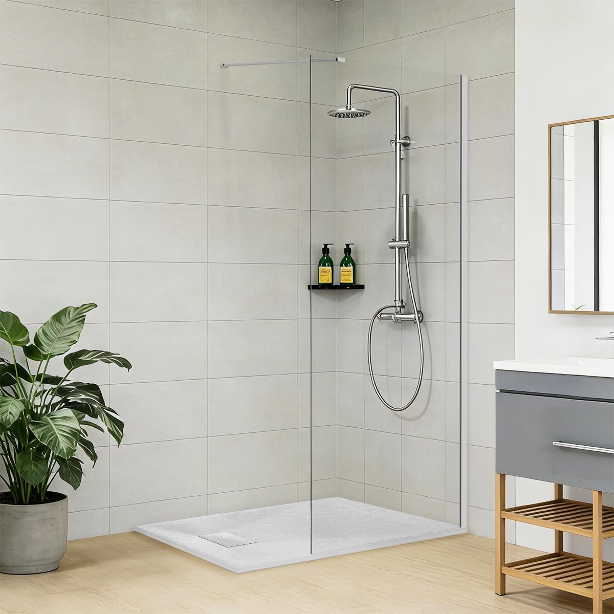 NRG 800x1950mm Clear Glass Wet Room Shower Enclosure Screen Panel with 1300x700mm White Rectangle SMC Shower Tray