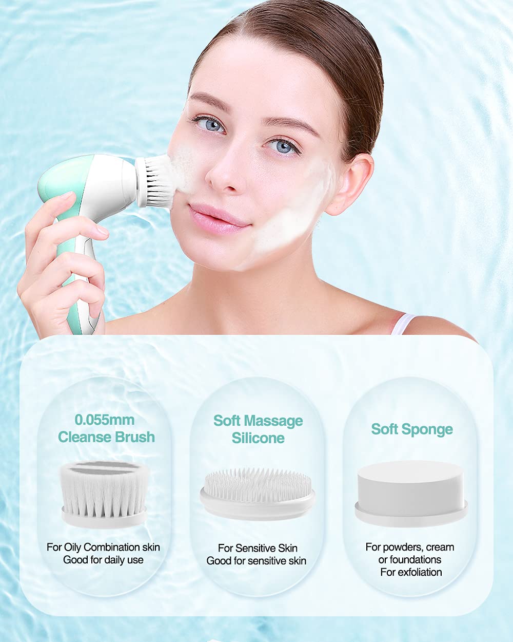 Gentle Electric Facial Cleansing Brush for Sensitive Skin, Silicone Face Scrubber with 3 Replacement Heads & Travel Case, 2 Speeds Adjustable, IPX7 Waterproof Face Brush for Deep Cleaning, Exfoliation view 3