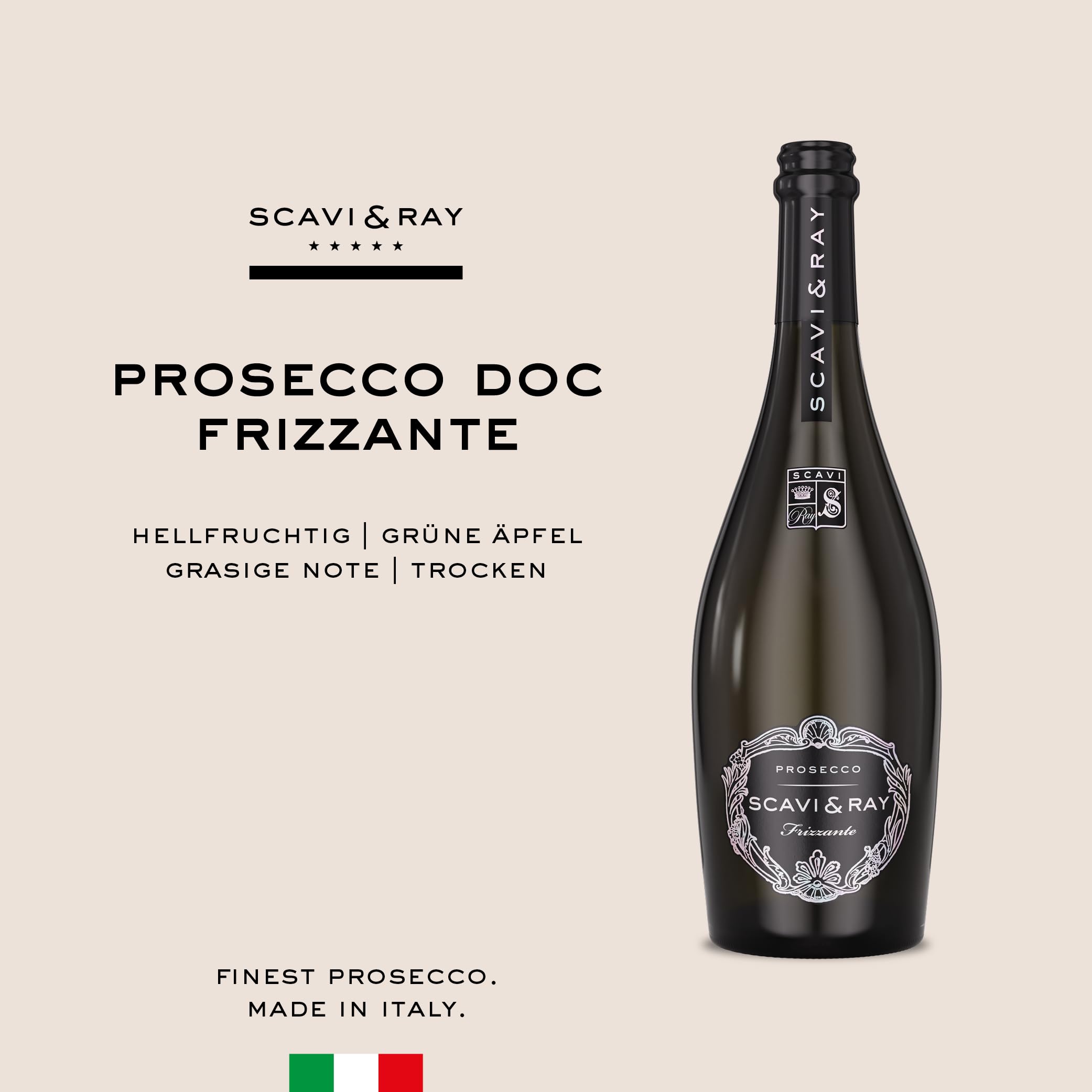 SCAVI & RAY Prosecco DOC Frizzante trocken 6 x 0,75l, fruchtig frischer Perlwein aus Italien, 10,5% Vol. Alkohol - perfekt für festliche Anlässe & Prosecco-Cocktails