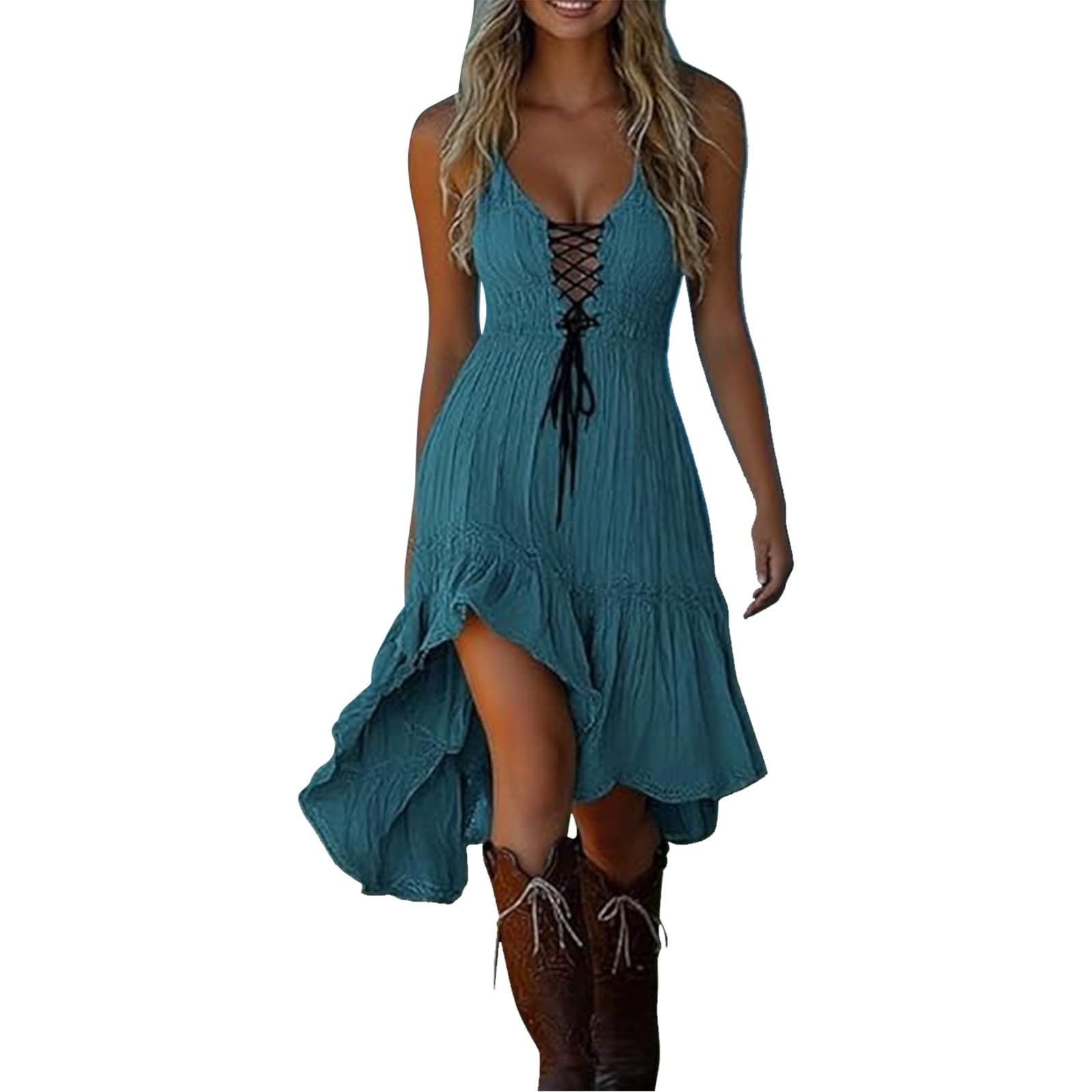 Blue Women's Vintage Western Cowboy Denim Dress - Floral Lace Trim Off Shoulder Flare Dress Halloween Costume 70S Inspired Prairie Outfit Country Party Dresses Ladies Cowgirl Retro Cosplay Wear
