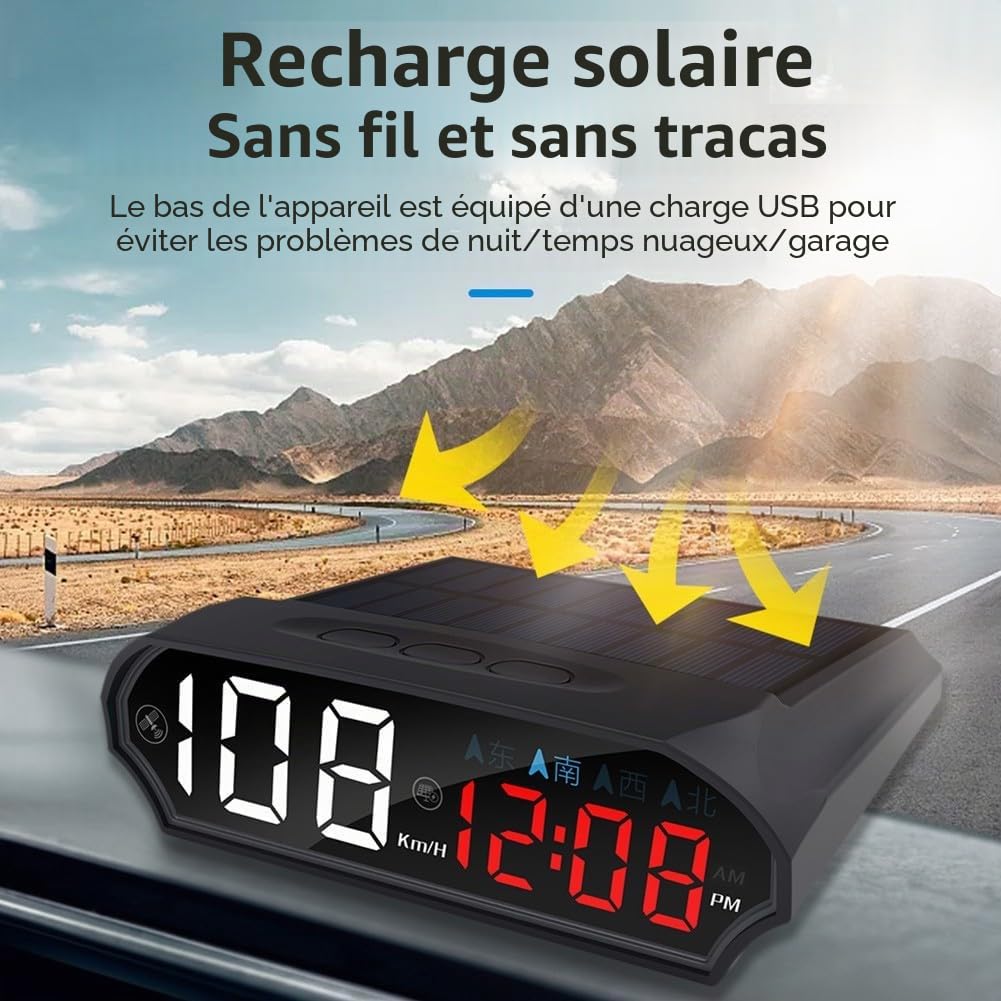 HUD solaire GPS pour voitures : compteur de vitesse numérique (km/h), direction du compas, écran LED couleur réglable – s'adapte à la plupart des véhicules