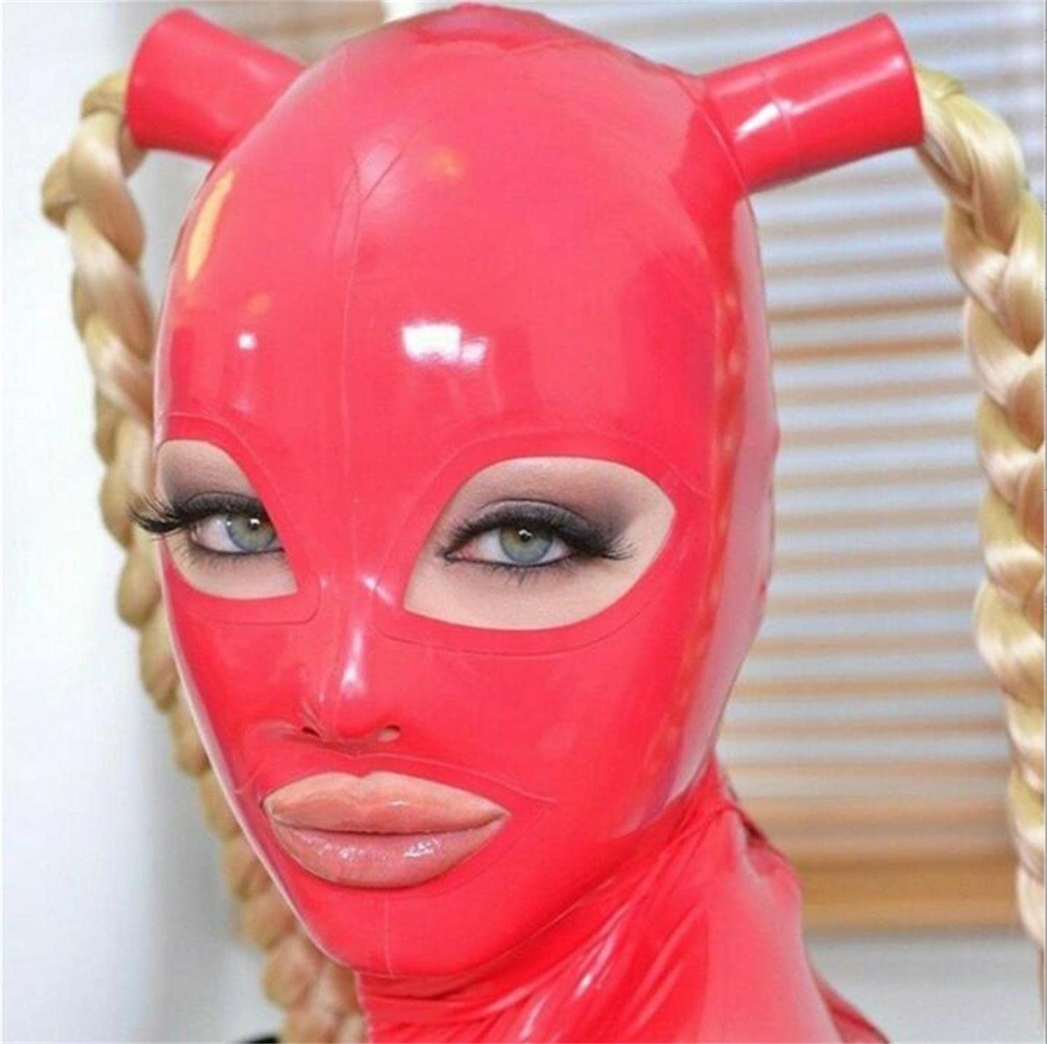 Latex Tête Couverture avec perruque queue de cheval, Rouge caoutchouc TêteMasque Cagoule en latex pour cosplay le jeu de rôle Party Club Wear