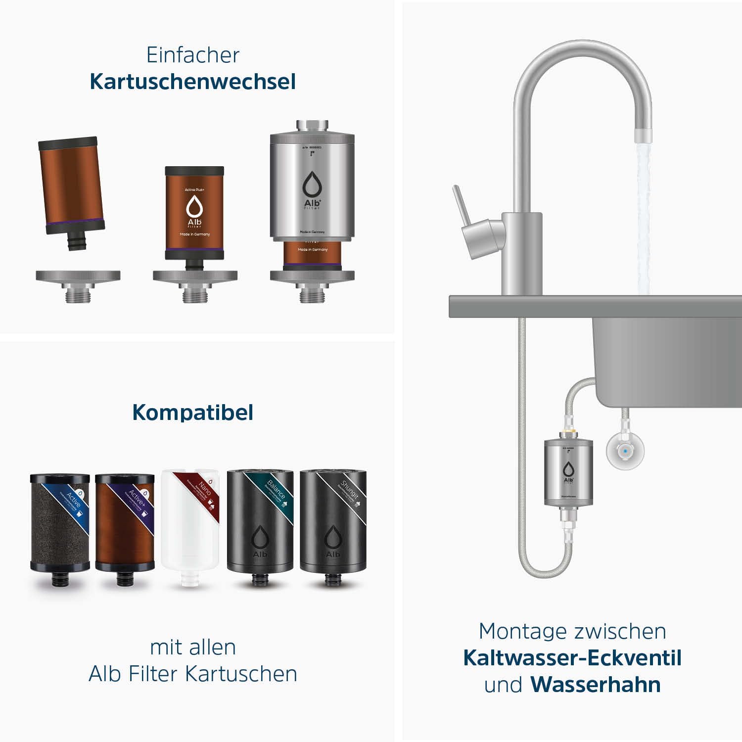 Alb Filter® Active Plus+ Wasserfilter gegen Kalk, Bakterien, und andere Schadstoffe | Unterspüle | Made in Germany Edelstahl Natur