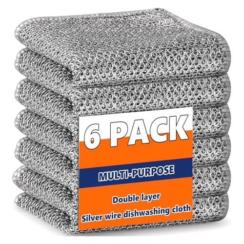 6 Pezzi Strofinacci multiuso in filo,antigraffio Spugnette Piatti,Scratchy-Wipes Riutilizzabili,Filo Metallico,20x20cm,Per La Pulizia Di Stoviglie,Piani Di Lavoro(Doppio Strato)