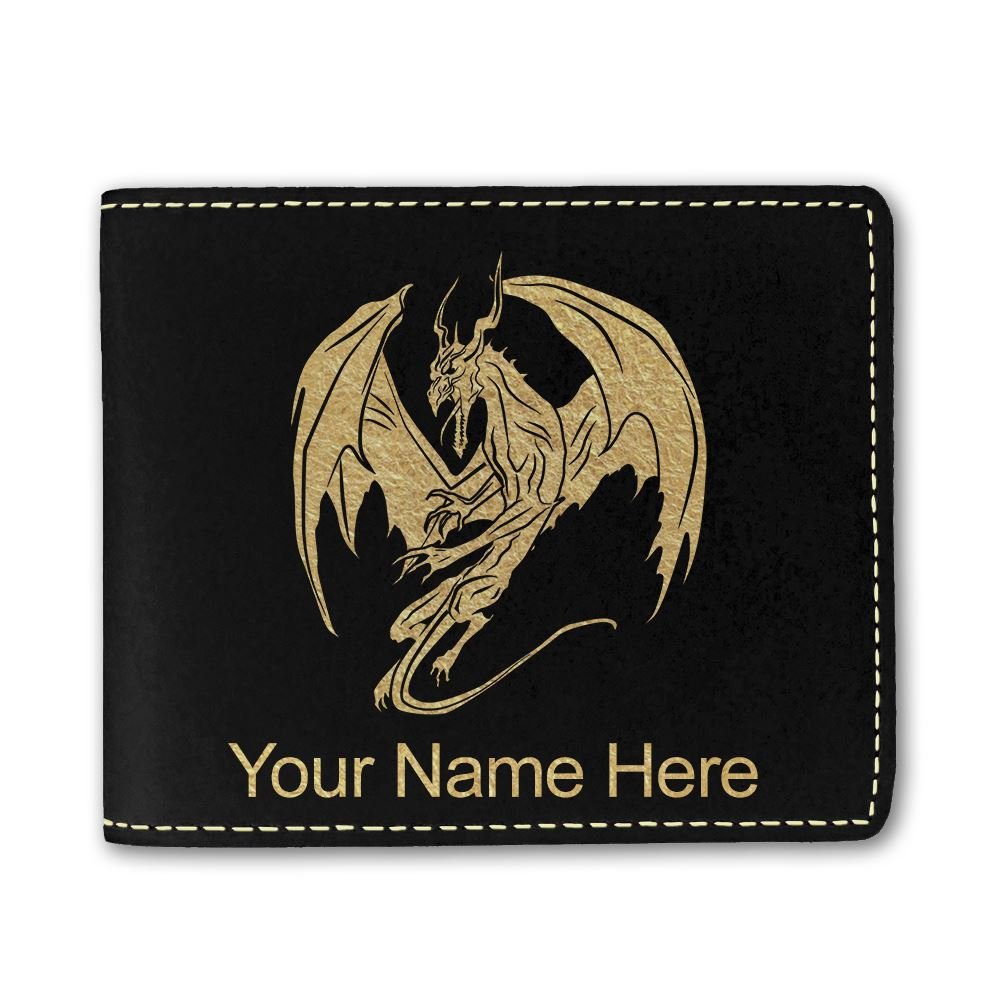 Faux Leather Wallet, Dragon, Personalized Engraving Included (Black)