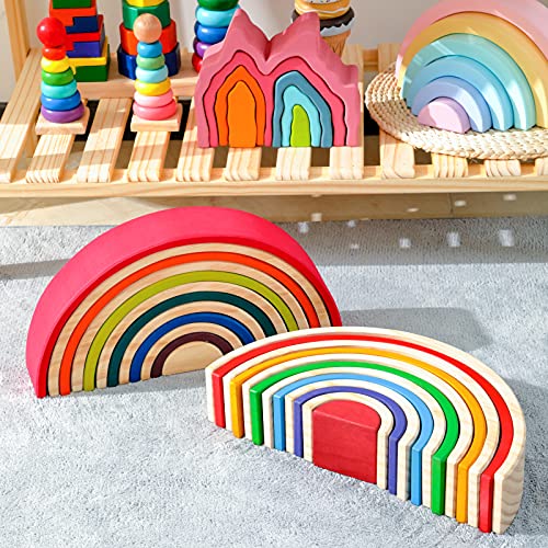 Merryheart Wooden Rainbow Stacking Toy - 12 Piece Wooden Rainbow Stacker, Extra Large Wooden Stacking Rainbow, Nesting Puzzle Building Blocks Educational Toys For Kids Toddlers (Rainbow Stacker) #TOP4