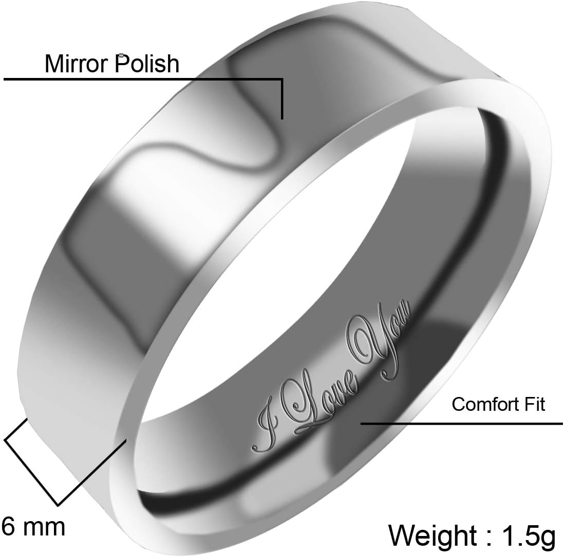 Everstone Women's Shiny Polish 4MM & 6MM Flat Promise Ring Wedding Bands Titanium Ring Color: Platinum Engraved I Love You