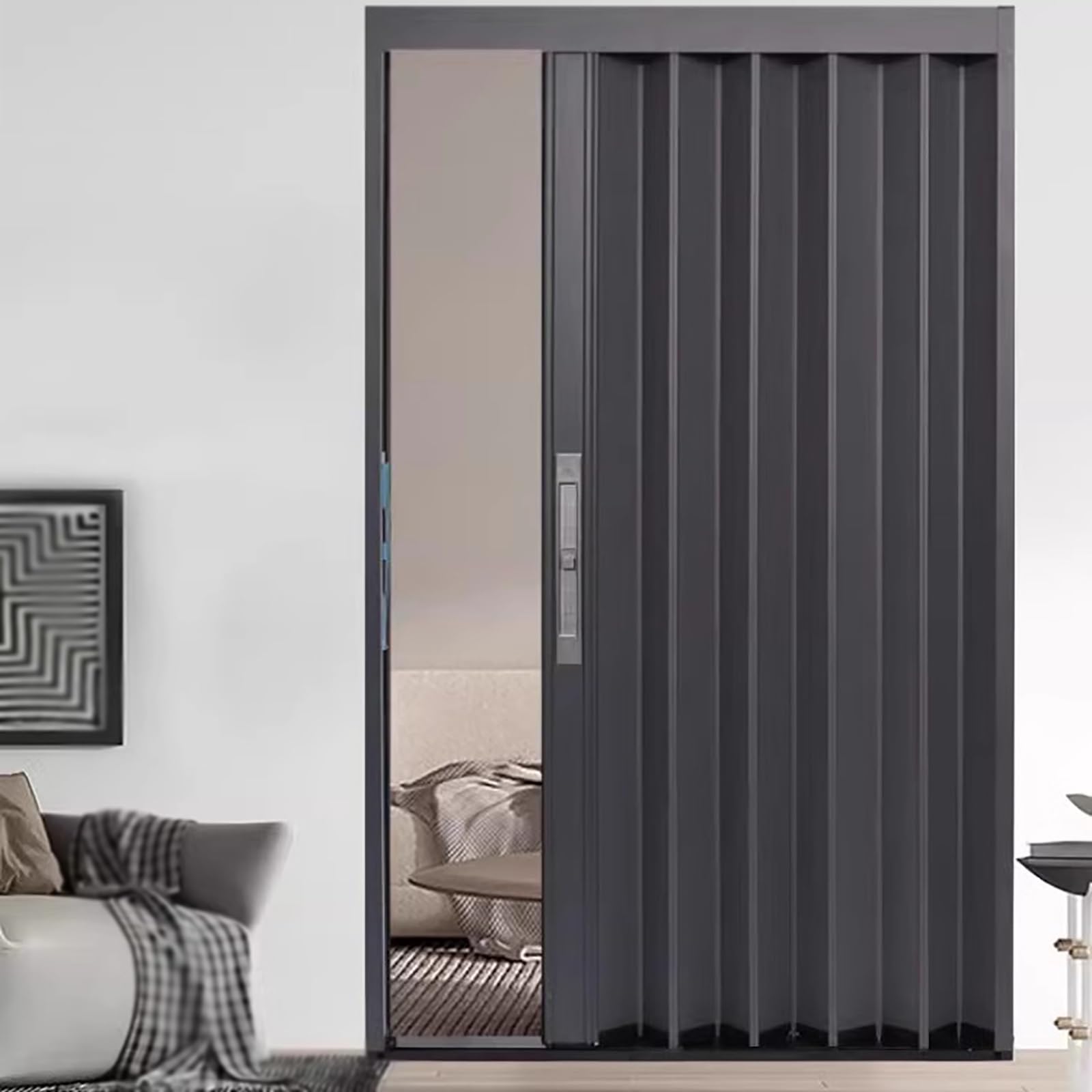 Track Folding Door with Hardware Kit and Lock & Key, Gray Aluminum Accordion Barn Door Retractable Sliding Doors, 150 180 200 CM Tall Portable Privacy