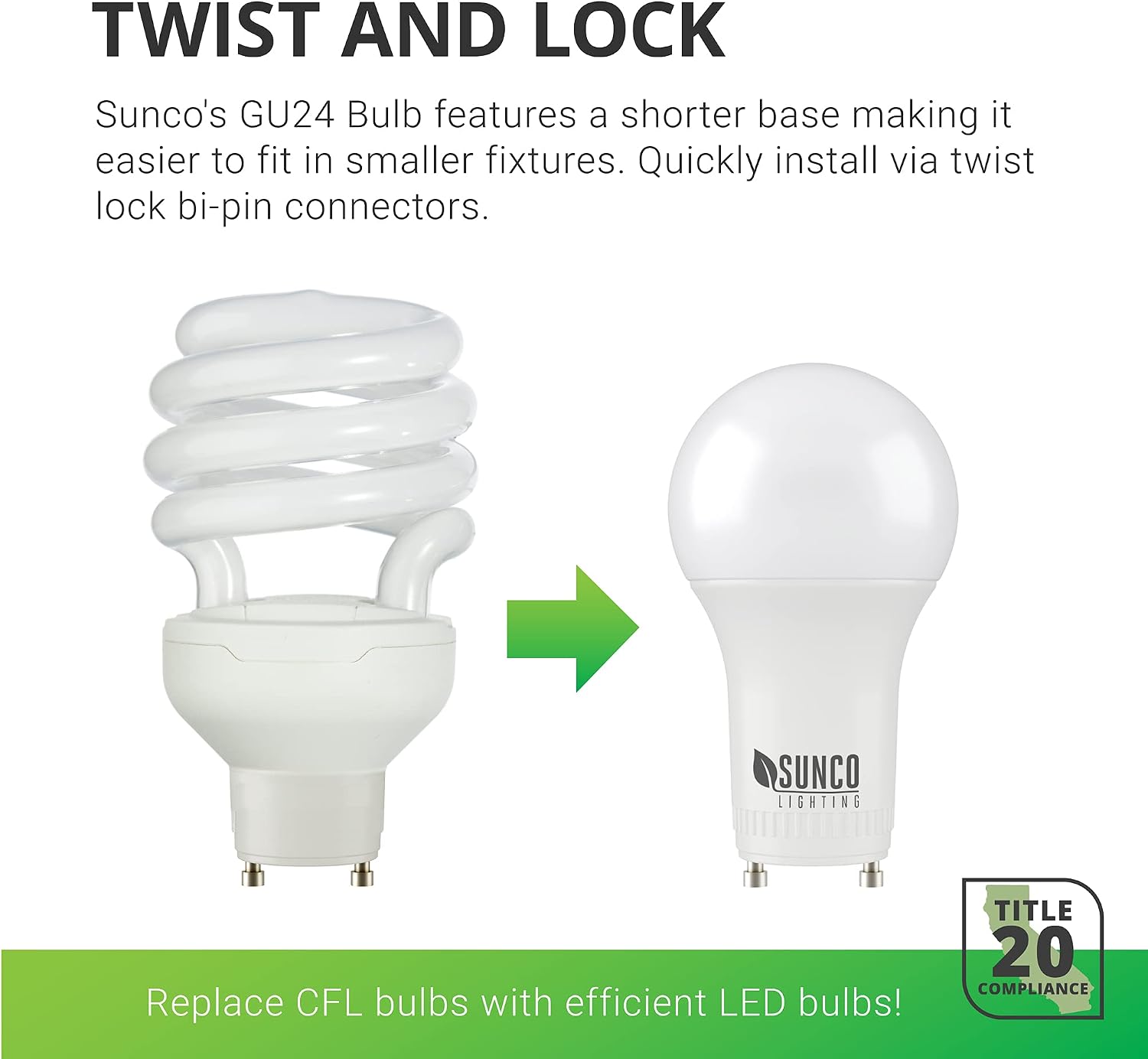 Sunco 10 Pack GU24 LED Light Bulb 2 Prong A19, 2700K Soft White, 9W Equivalent 60W, CFL Replacement 800 LM, Super Bright Dimmable, Twist and Lock GU24 Pin Base with Two Prongs, Instant On, UL