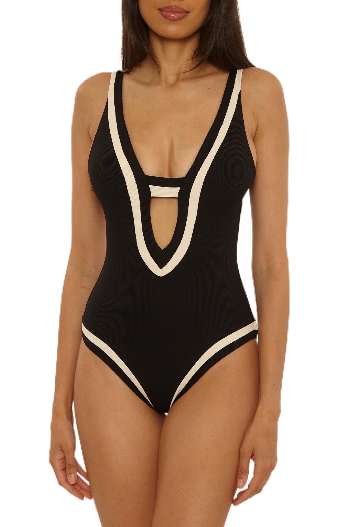 Becca Womens Coast Line Plunge One Piece Swimsuit Adjustable Bathing Suits for Women
