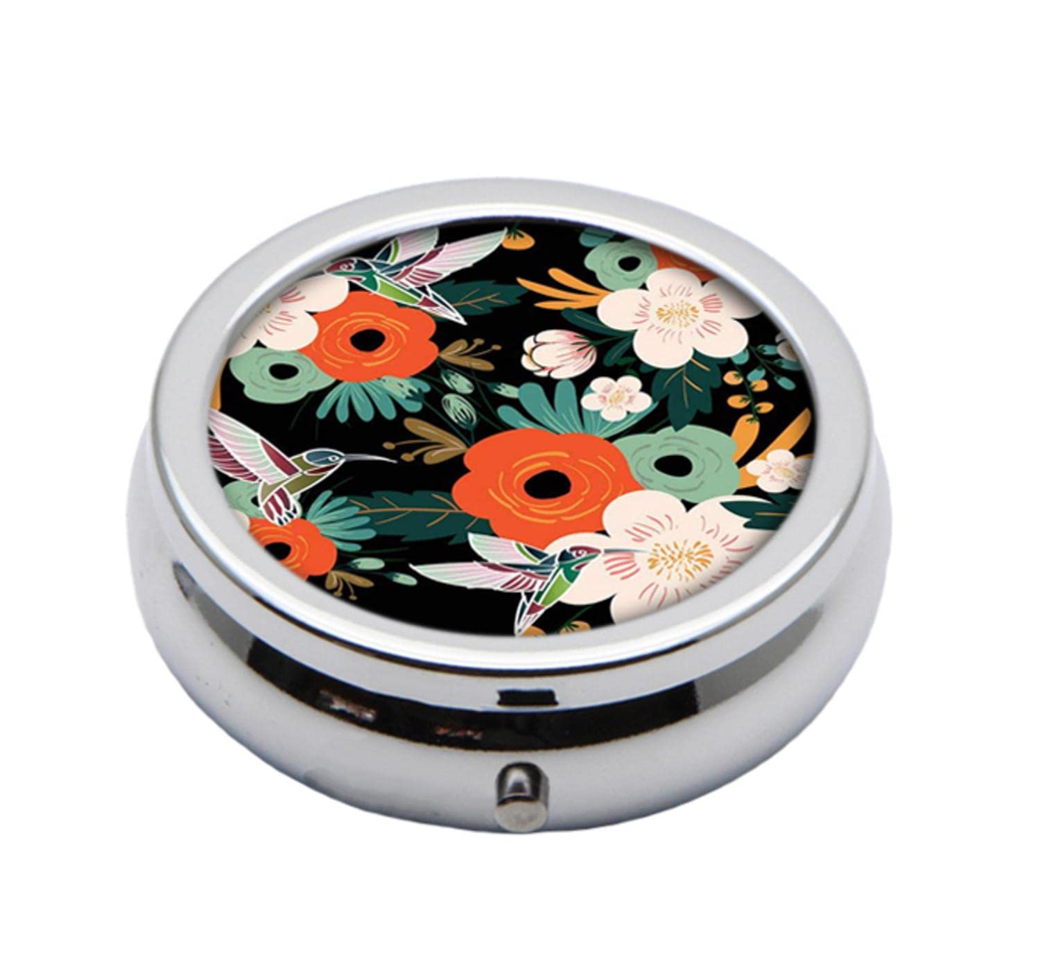 Pill Box Round Silver Pill Case Portable Medicine Tablet Holder Pill Organizer Decorative Travel Pocket or Purse Watercolor Flower Hummingbird