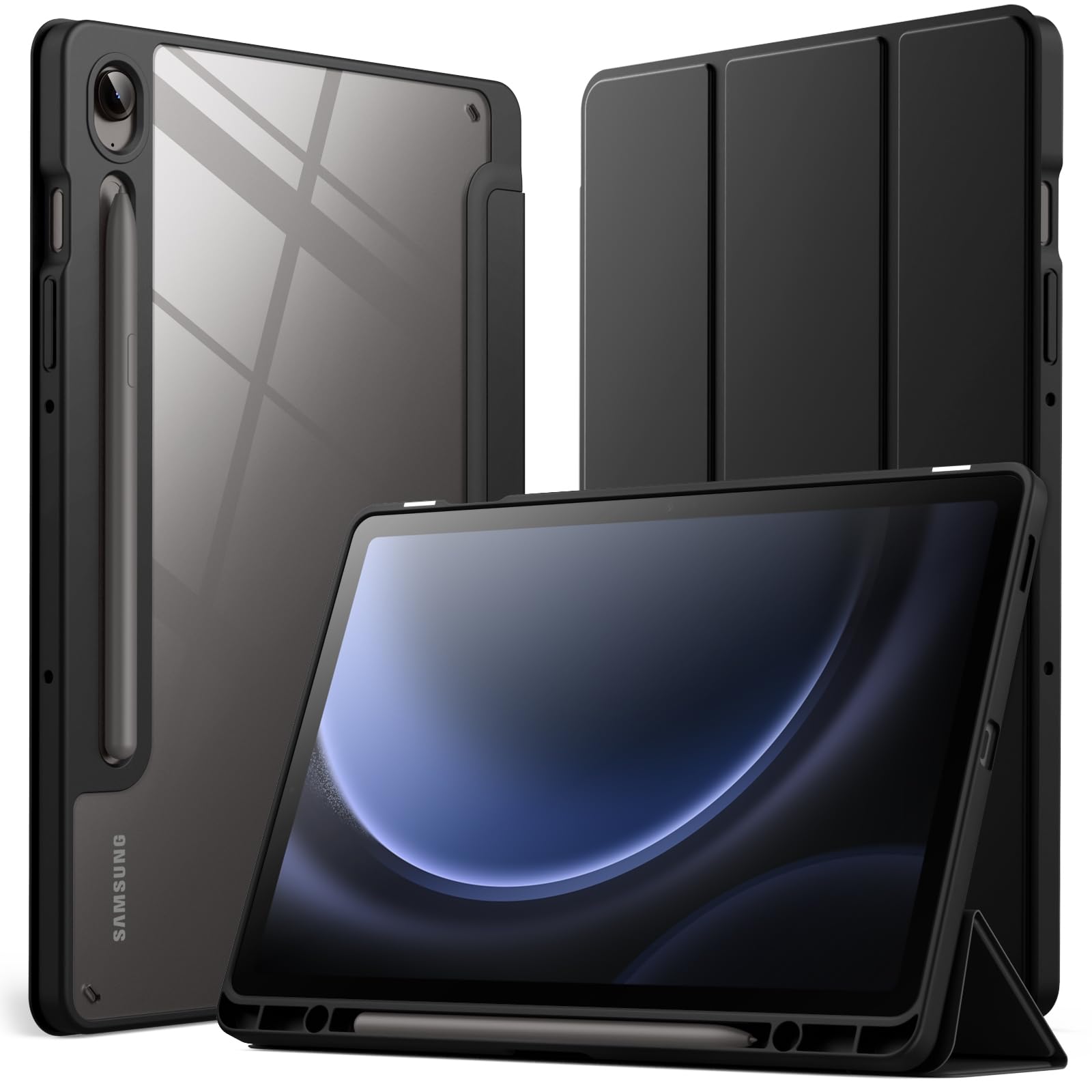 JETech Case for Samsung Galaxy Tab S10 Lite / S10 FE / S9 FE 10.9-Inch with S Pen Holder, Clear Transparent Hard PC Back, Protective Tri-Fold Stand Tablet Cover, Auto Wake/Sleep (Black)