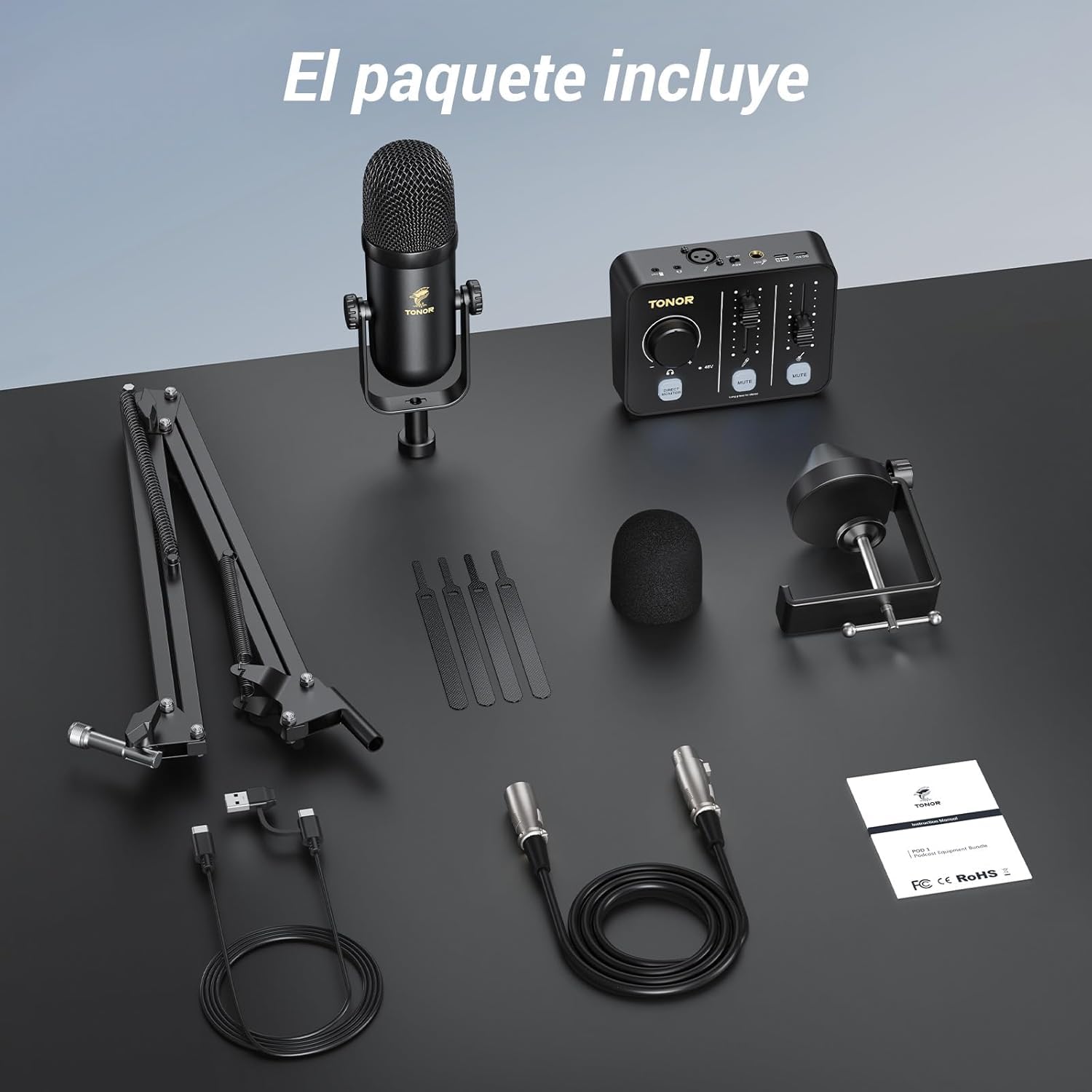 TONOR Paquete Equipos de Podcast, Mezclador con Micrófono Dinámico y Mic Brazo, Micrófono XLR con Interfaz Audio de Estudio, Soporte Microfono Mesa, Pack Todo en Uno para Streaming/Grabación, POD-1