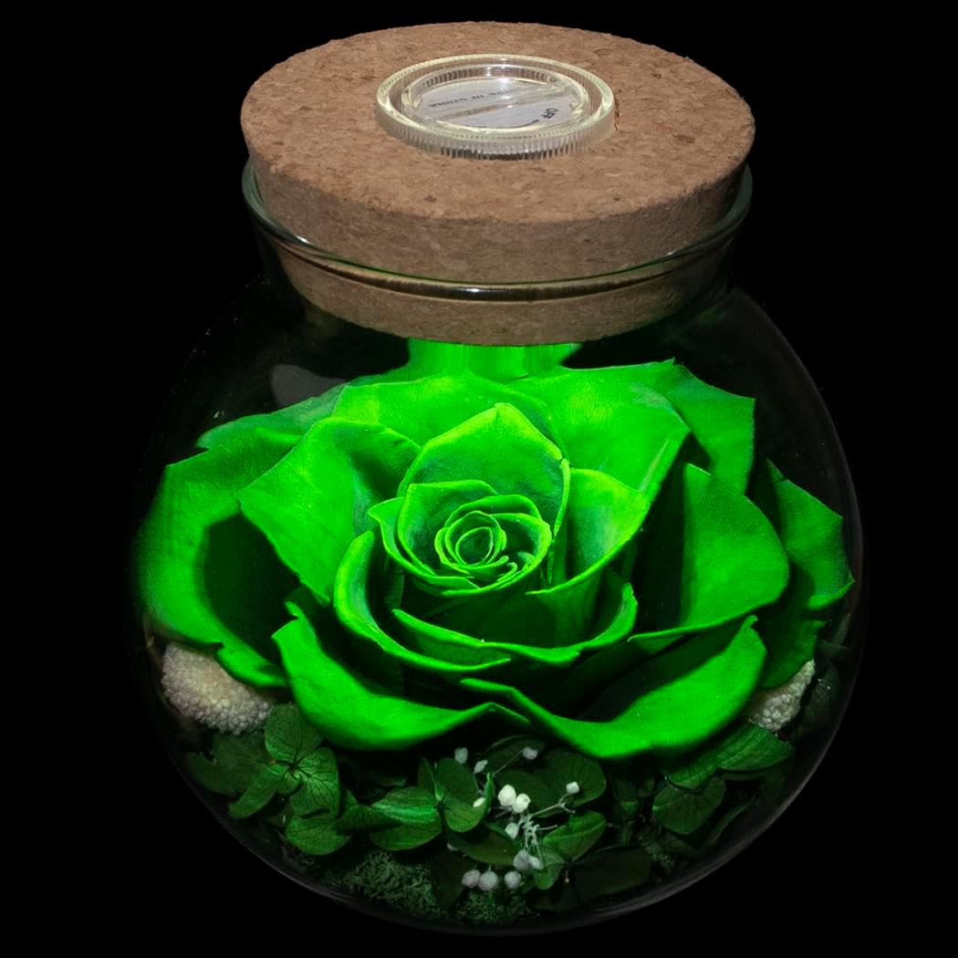 Preserved Real Roses with Colorful Mood Light Wishing Bottle,Eternal Rose,Never Withered Flowers,for Bedroom Party Table Decor, Christmas Decorations,a Gifts for Women 4.3inch1pcs (Green) - Image 9