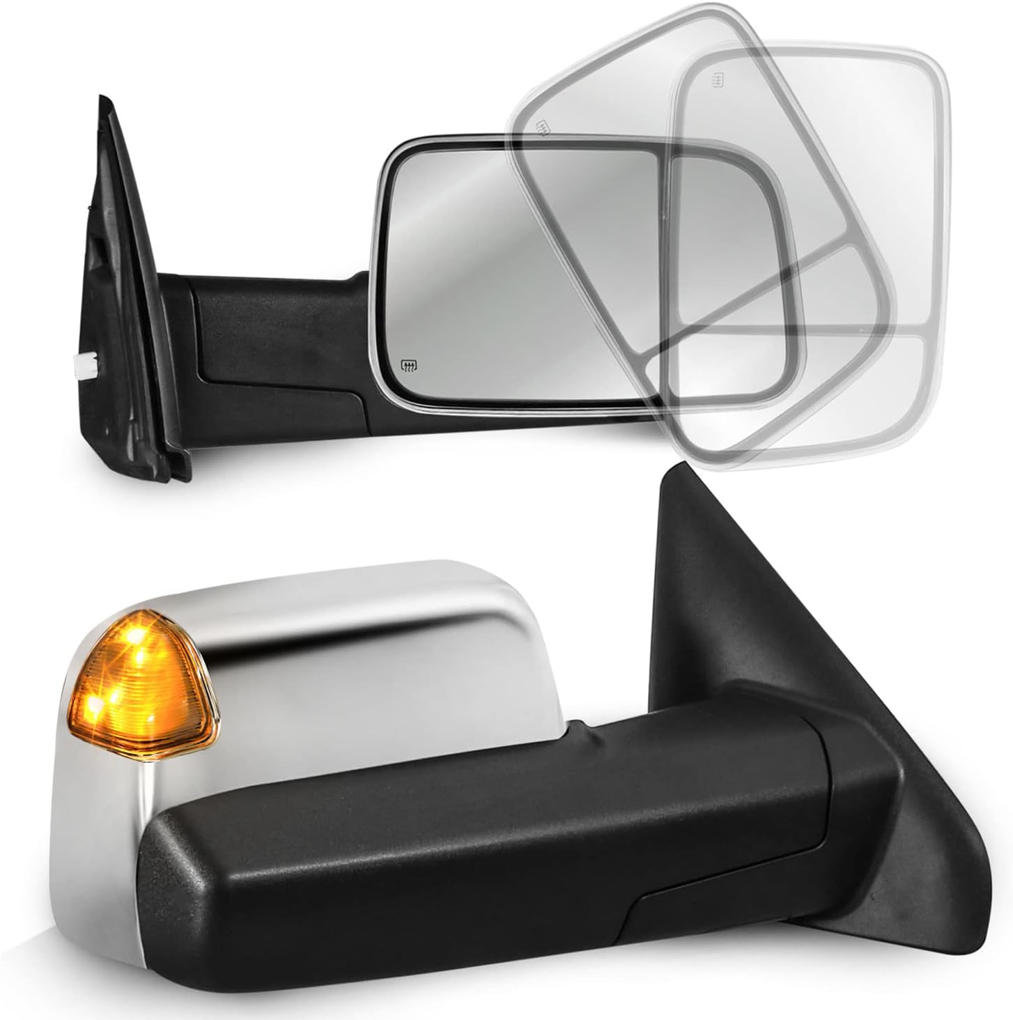 MOSTPLUS Chrome Housing Power Heated Towing Mirrors Compatible for 02-09 Ram Flip Up Left Right Pair w/Turn Signal Light (Set of 2)