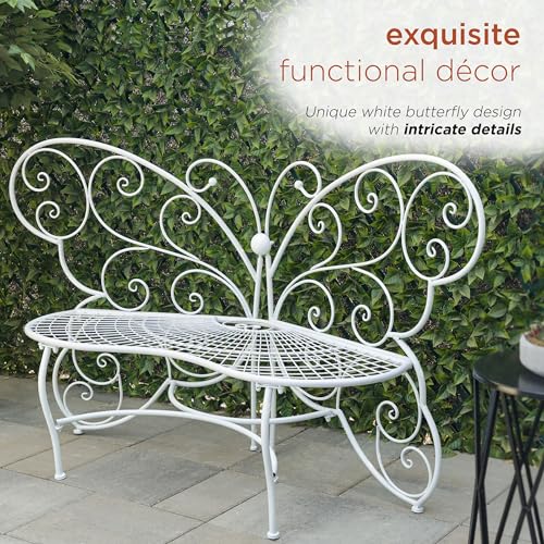 Alpine Corporation 62"L Indoor/Outdoor 2 Person Metal Butterfly Shaped Garden Bench, White