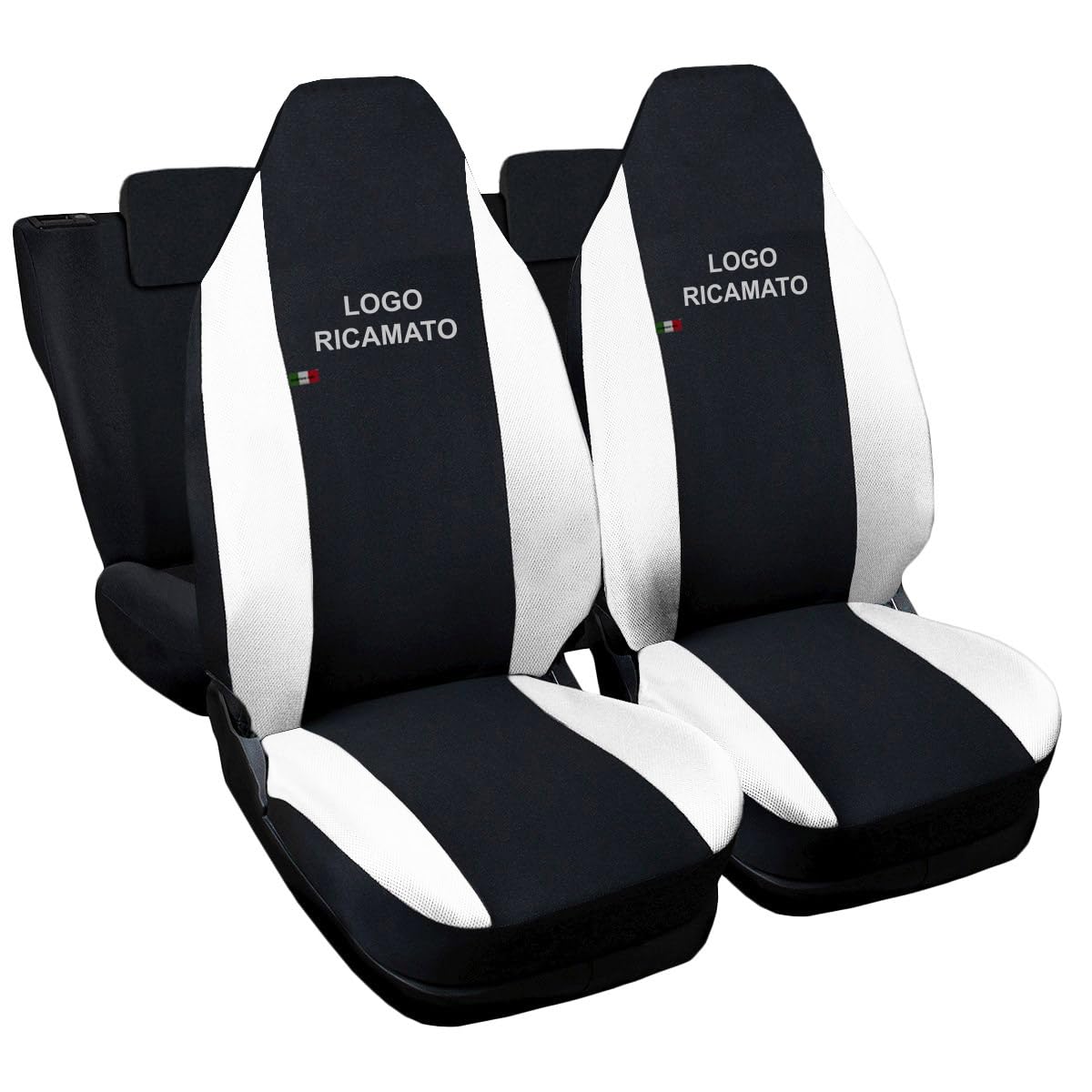 Rebeca Shop® Sitzbezüge Kompatibel für Aygo | Hergestellt in Italien | Set Autositzbezüge vorne und hinten | Gesticktes Automodell-Logo (Schwarz/Weiß)