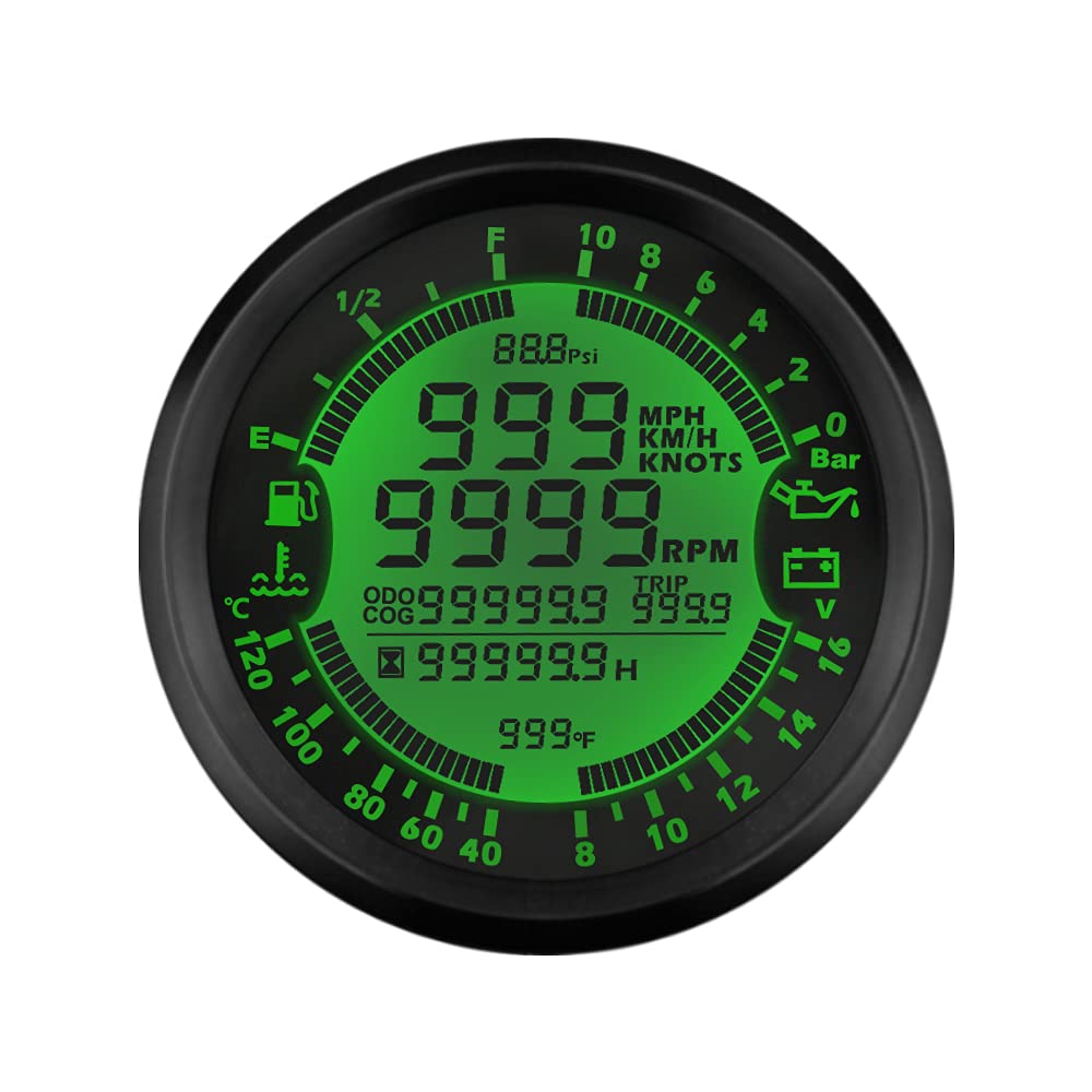 ELING Multi-funcional GPS Velocímetro Tacómetro Hora Temperatura del agua Nivel de combustible Presión del aceite Voltímetro 12V 10Bar 85mm Con luz de fondo