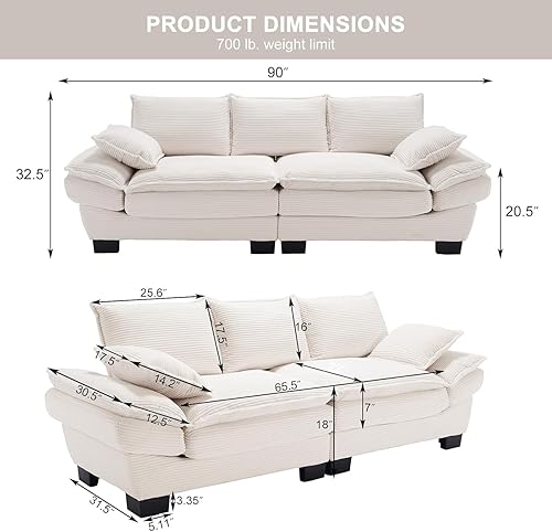 Miniatura 2 de Sofá biplaza extragrande de 90 pulgadas, moderno sofá biplaza de pana cómodo asiento profundo tapizado con almohadas para sala de estar, dormitorio,