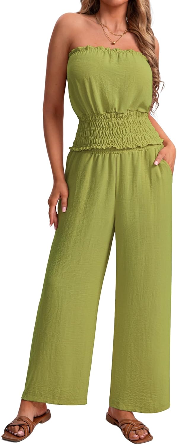 2 Piece Sets for Women Summer Outfits Wide Leg Pants and Crop Tube Tops Summer Casual Beach Vacation Set