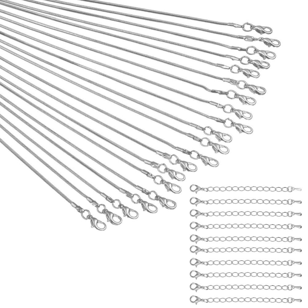 30 Chains and Chain Extenders Set,20pcs Chain for Jewelry Making 18Inch 925 Sterling Silver Plated DIY Snake Chain Bulk Link Necklace with Lobster Clasps,10pcs Necklace Extender Bracelet Extension