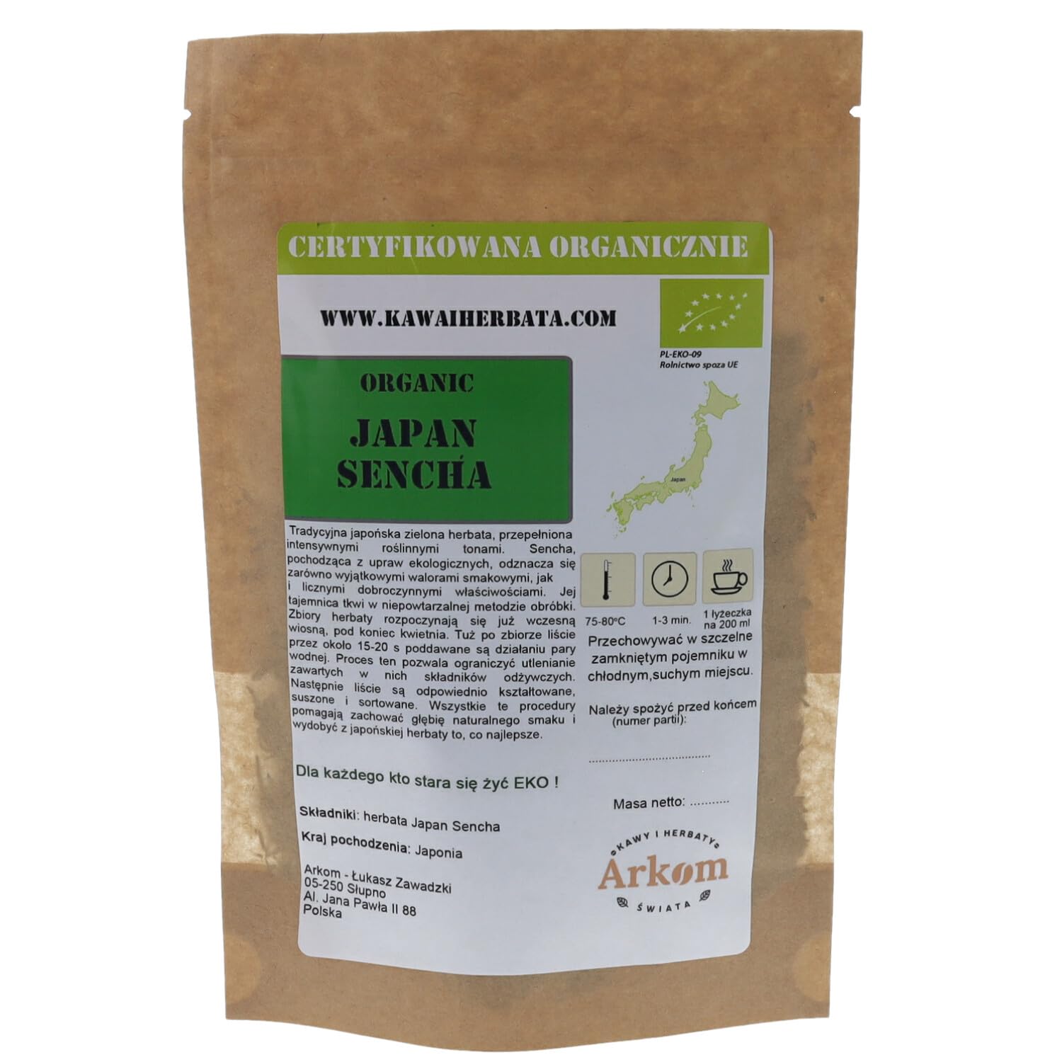 Arkom Herbata zielona Sencha Japan Organic liściasta 1 kg