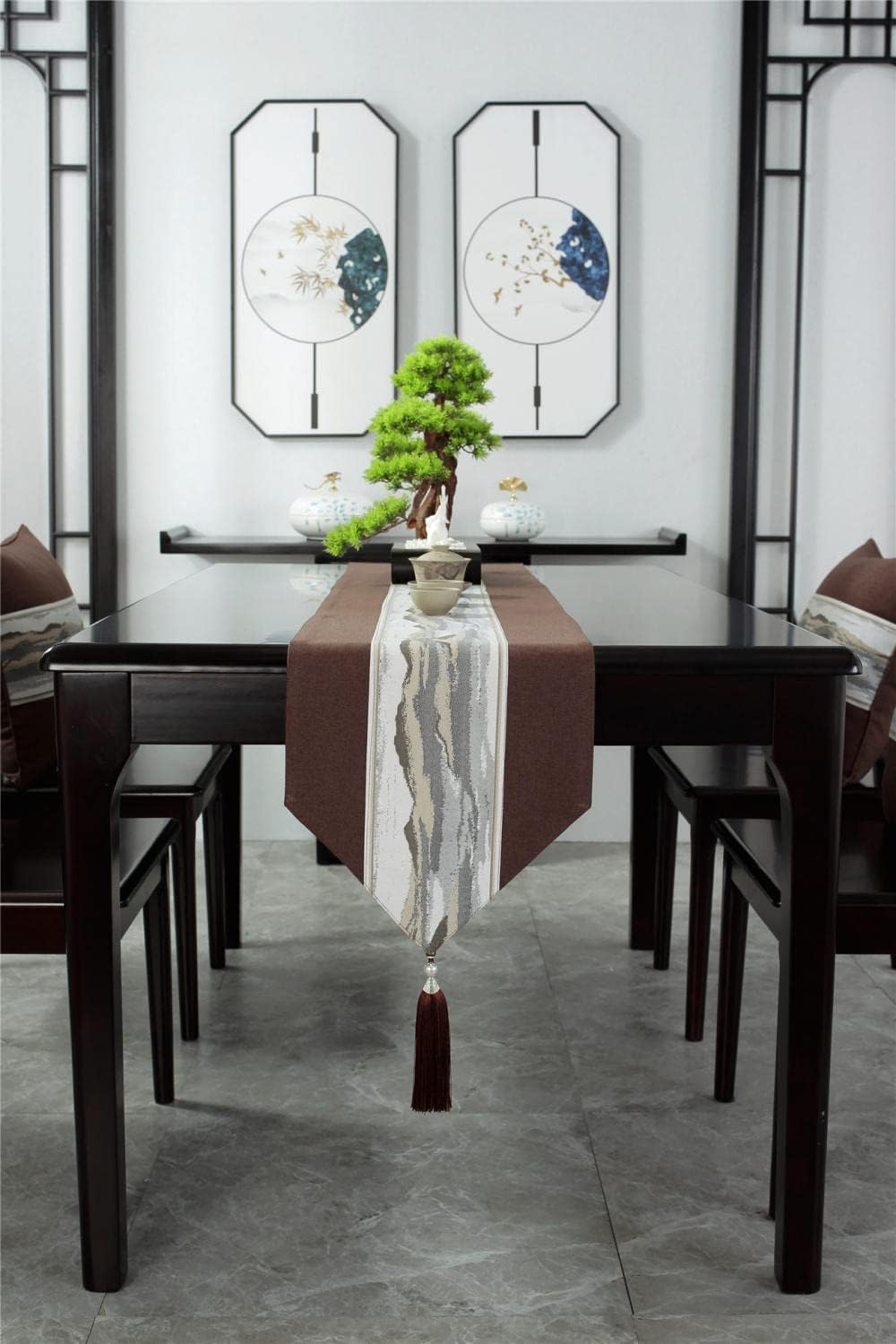 Cotton Linen Fringe Table Runners Macrame Tablerunner for Kitchen Restaurant Hotel Cafe Brown Tassel 33 X 80cm