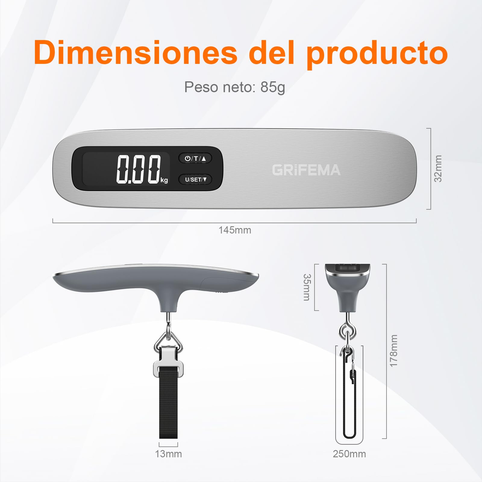 GRIFEMA GA2006 Báscula Maletas Viaje Portátil, Báscula de Equipaje con Pantalla LCD, 110 lb/50 kg, Plata