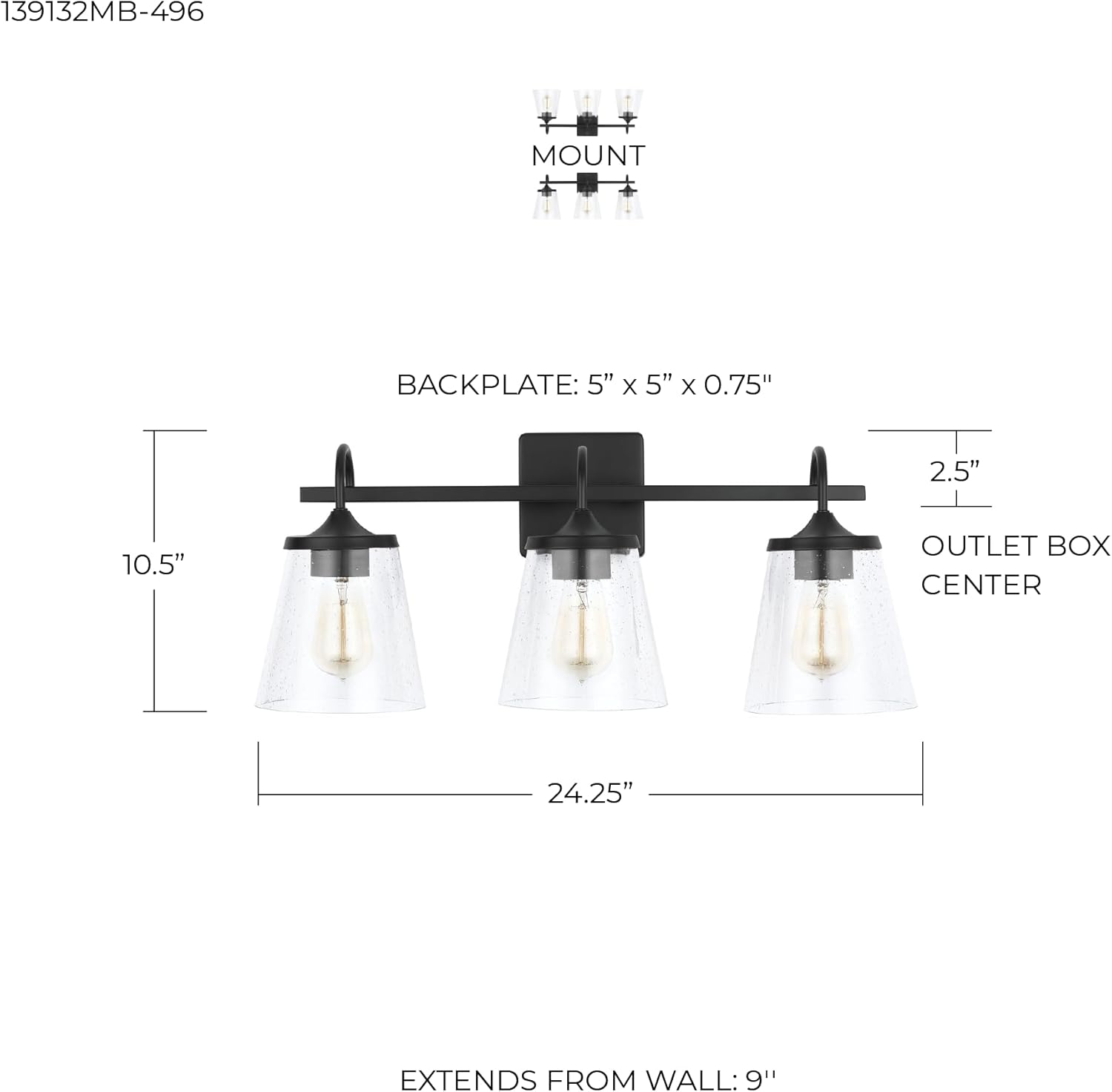 Capital Lighting 139132MB-496 Jayne Mid-Century seeded Cone Glass Bath Vanity Wall Mount, 3-Light 300 Total Watts, 11" H x 24" W, Matte Black
