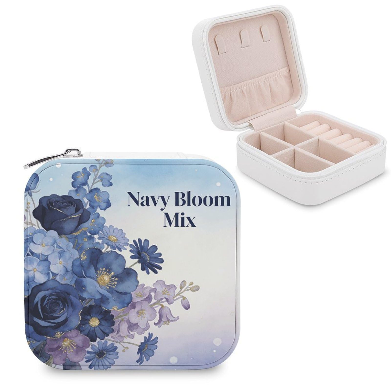 LZQPOEAS Navy Bloom Mix Jewelry Box, PU Patterned Storage Case, Portable Travel Jewelry Organizer Box for Storing Rings, Pendants, Earrings, Necklaces, And Women's Specialized