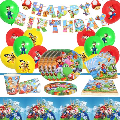 SolWonder Vaisselle Anniversaire, 57pcs Vaisselle pour la fête d'anniversaire de Contient Bannière, Ballon, Gobelets, Serviette, Nappe, Assiette - 10 Portions