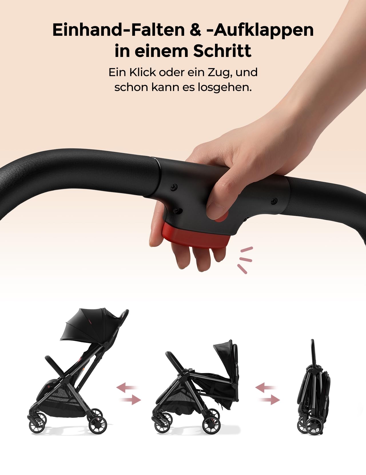 Momcozy ClickGo Buggy klein zusammenklappbar als Flugzeug-Handgepäck, Einhand-Klappmechanismus, mit Liegefunktion, UV-Schutz 50+, XL-Korb bis 3 kg, Geeignet von 0–4 Jahren bis 22 kg, Schwarz