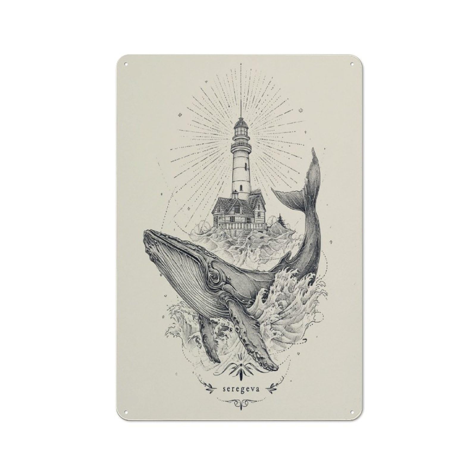Junmoney Whale With Lighthouse Tattoo Design 30X20cm Rustic Metal Sign With For Home Office Or Studio, Gift For Studio Owners During The Christmas Season