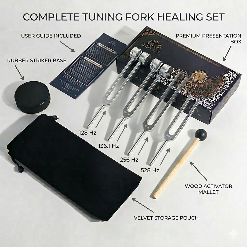 Juego de tenedores de afinación para curación, 128 Hz, 136,1 Hz, 256 Hz, 528 Hz, chakra, yoga y meditación, incluye guía de papel y generador de frecuencia para curación, instrumentos de