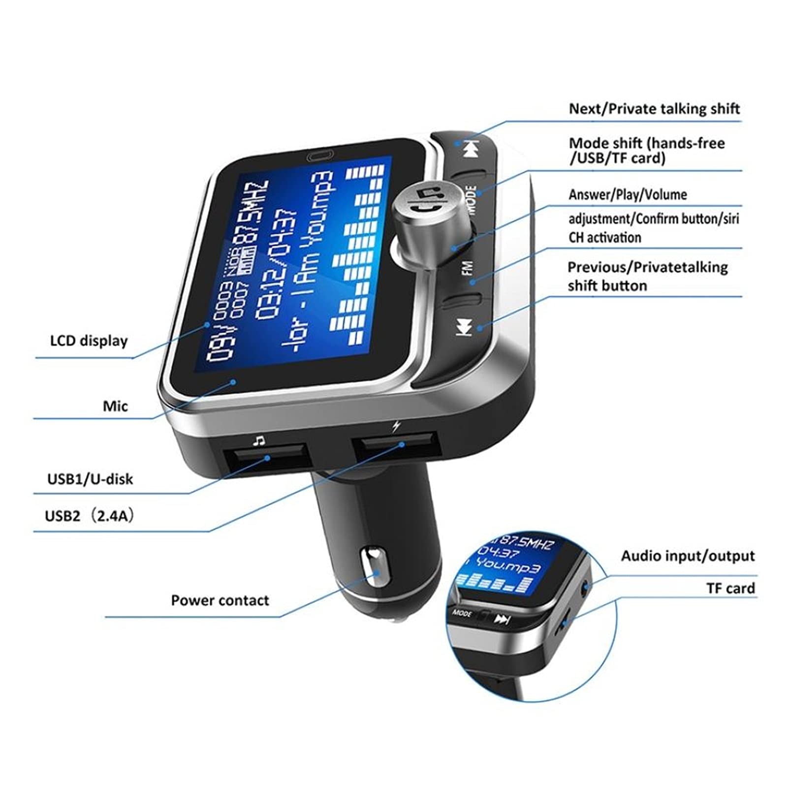 Adattatore Audio Bluetooth. Auto Economica FM. Trasmettitore con Telecomando LCD. Bluetooth MP3. Player Dual. USB Auto FM. Modulatore