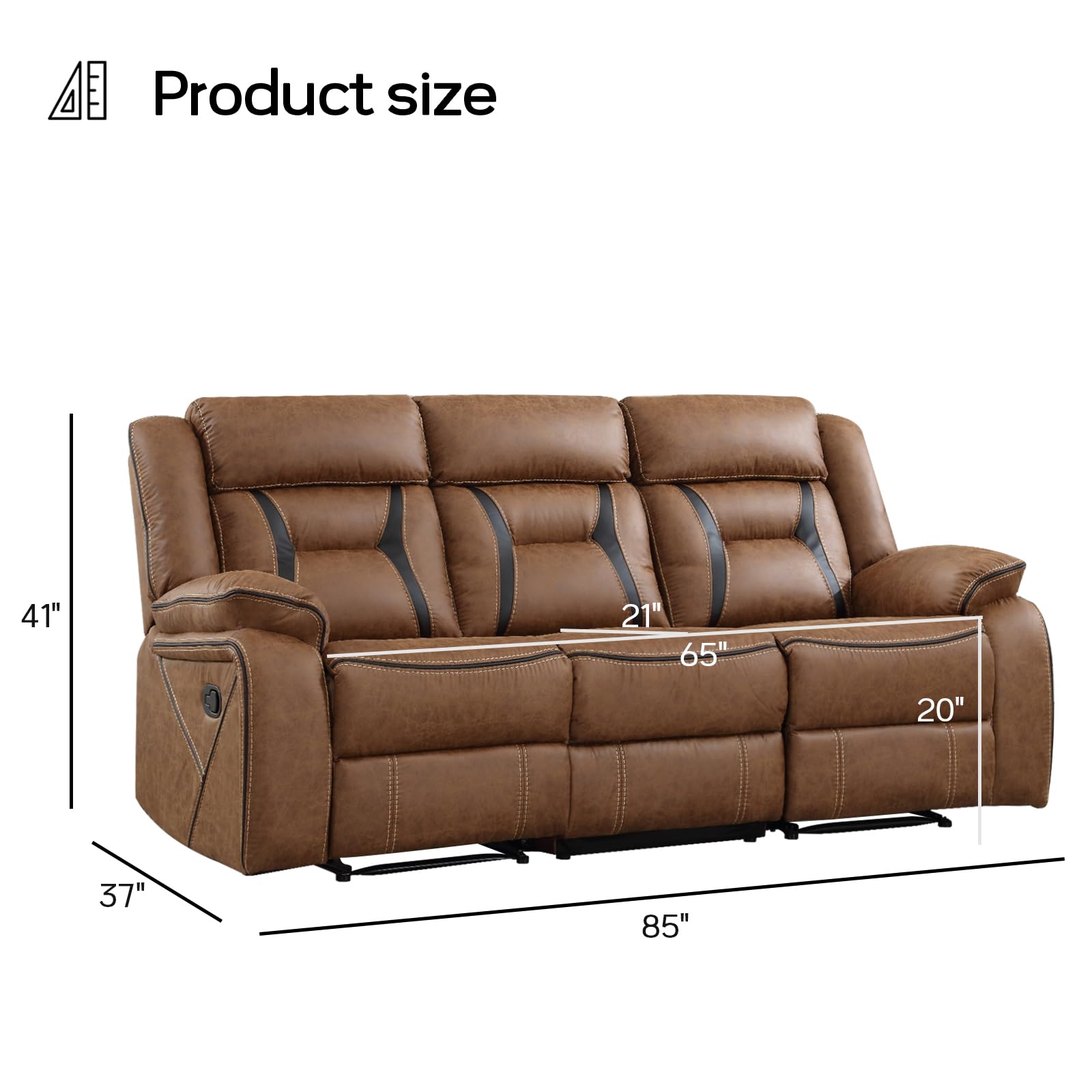 EBELLO Faux Leather Manual Reclining Sofa, 3 Seat Recliner Sofa Chair, Couch Furniture for Living Room, Furniture, Meeting Room, Brown (3 Seat Sofa) view 2