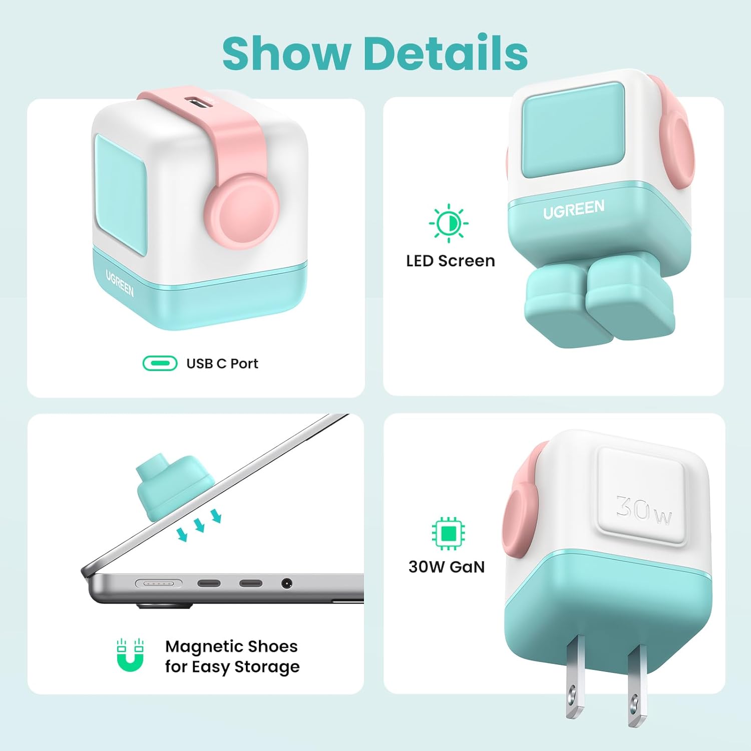 UGREEN Uno 30W USB C Charger Block, Compact Nexode Robot GaN Fast Charger for iPhone 17/16/15/14, Galaxy S25/S24/S23, Pixel 10/9/8/7, MacBook Air, iPad Pro (Pink Blue) - Image 4