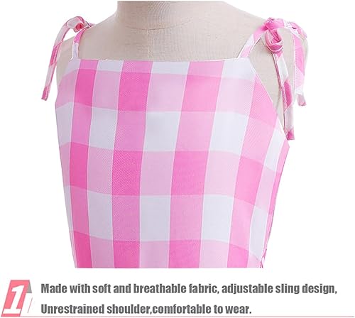 Miniatura 4 de Disfraz rosa para niñas, disfraz de película de muñeca, vestido de cuadros rosa y blanco para niños, fiesta de cumpleaños