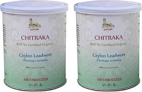 GOPALA AYURVEDA CHITRAKA Cápsulas (USDA Certified Organic) Hierba ayurvédica Plumbago zeylanica - 108 Vcaps de 500mg cada uno (paquete de 2)